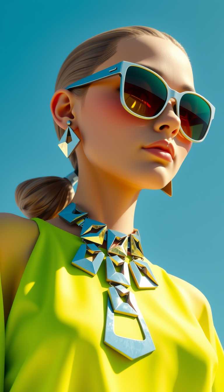 Stylish Woman in Yellow Dress and Silver Necklace with Blue Sunglasses