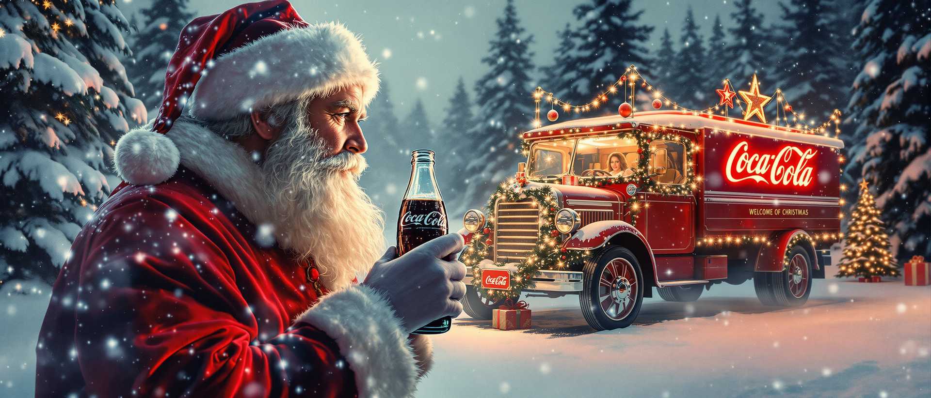 a vintage scene of a triple exposure of a realistic Santa Claus drinking coca cola from a bottle and a Christmas style decorated lighted coca cola truck and a long blonde haired Santa Claus woman, ice crystals, snow covered pine trees, Christmas accents everywhere, winter background, watercolor

