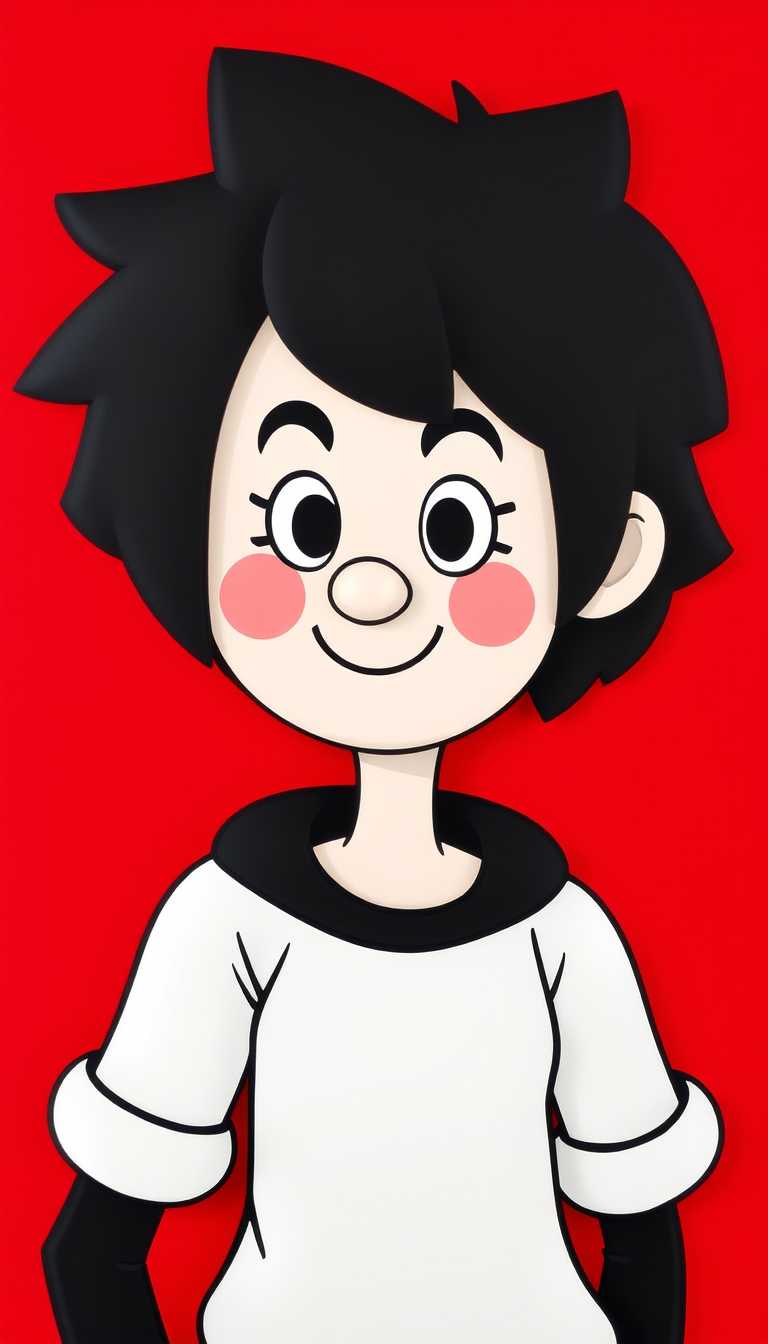 Cartoon Character Black and White Illustration of a Smiling Girl with Pink Cheeks