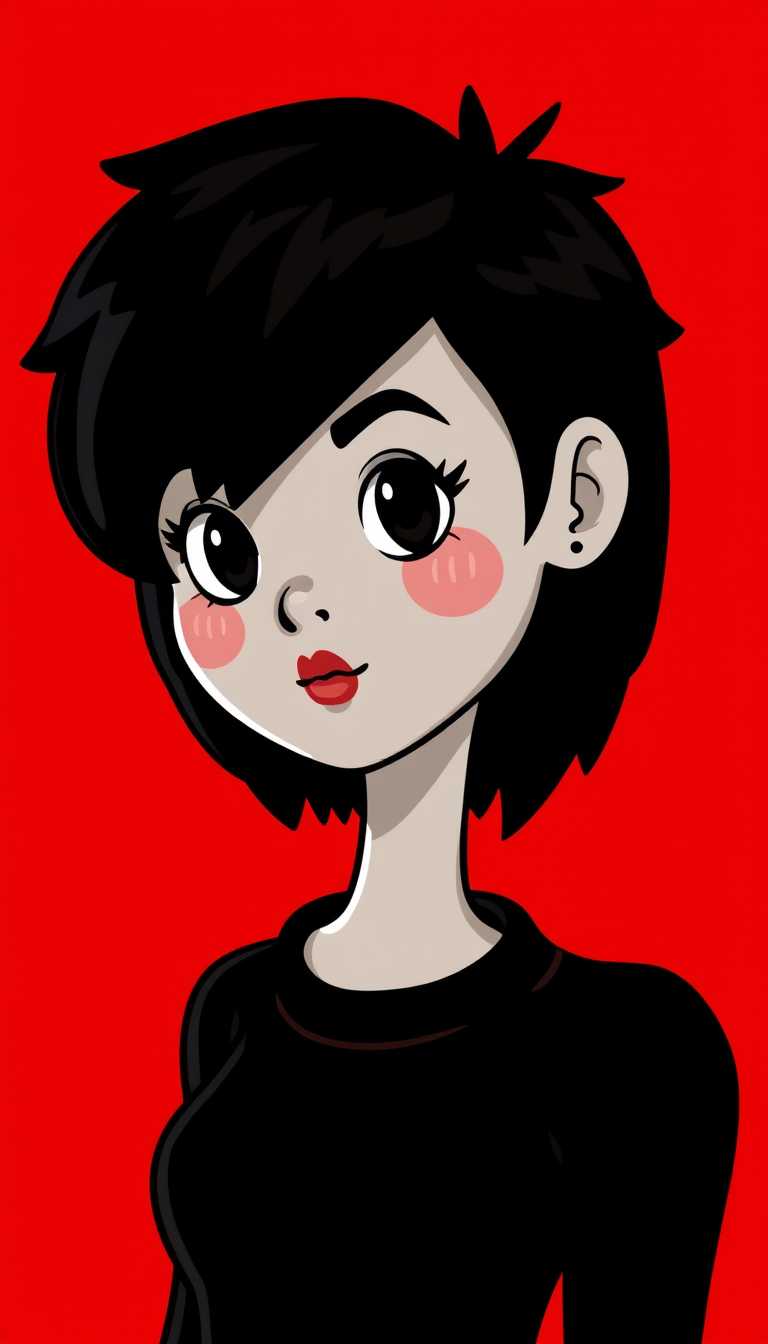Stylized Cartoon Character with Black Hair and Red Background