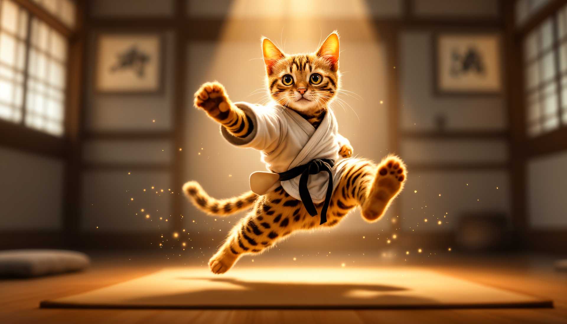 A dynamic illustration of a Bengal cat performing a karate kick, captured in mid-air. The cat's striking fur patterns are vividly detailed with rich shades of golden brown and dark rosettes, glowing under a soft spotlight. The scene is set in a traditional dojo, with tatami mats and minimalistic wooden decor in the background, creating a serene yet energetic atmosphere. The composition is focused, with the cat centered in the frame, utilizing a wide-angle perspective to emphasize its agile movements. The mood is both playful and intense, capturing the grace and power of martial arts through the expressive pose of the cat. Warm lighting enhances the texture of the fur and the shine in the cat’s eyes, contributing to a lively and energetic ambiance.