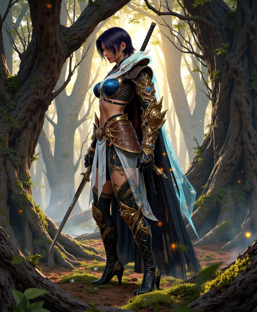 A mythic-style portrait capturing the fierce and haunting essence of Sheyol, a warrior deep within an ancient, enchanted forest. Sheyol is depicted in a powerful stance, carefully cleaning her gleaming katana, which catches the dappled sunlight filtering through the dense canopy above. Her expression is determined yet pained, as she balances focus with the awareness of her wounds. The interplay of warm golden light and cool shadows creates a mystic ambiance, emphasizing the ethereal beauty and danger of her surroundings. Soft, moss-covered ground underfoot adds texture, while the towering, twisted trees provide a dramatic backdrop. The scene is composed with a low-angle shot to enhance Sheyol's formidable presence, framing her figure at the center to capture the depth of the forest behind her. The overall mood is one of resilience and serenity amidst chaos—with hints of mist weaving through the trees, suggesting an ancient, timeless world.