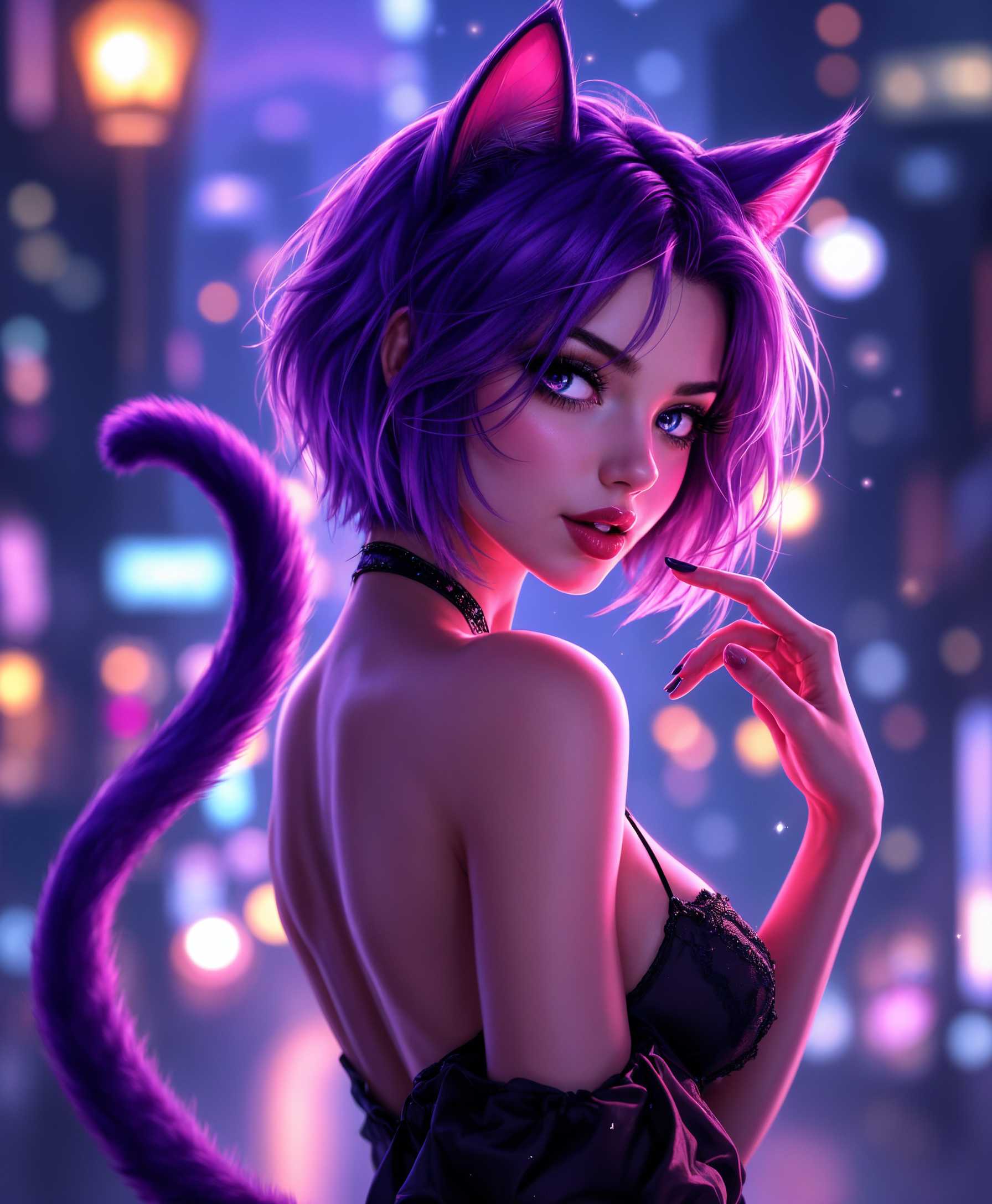 Vibrant modern anime-style digital artwork of a female cat girl, full-body portrait. She stands with her back partially turned, highlighting her curvaceous tail which elegantly curves towards the frame. Her gaze, alluring and mysterious, is cast into the distance as she seductively licks her hand. Ears perked, her long, soft hair features golden hues, catching gentle, diffused lighting that envelops her, casting a warm glow on her skin and accentuating smooth fur textures. A blurred cityscape at night, with softly twinkling lights, creates a dreamy, intimate backdrop. The composition is a full-body shot at a mid-angle, emphasizing her confident, captivating presence, drawing viewers into a fantastical world. Sharp lines and vibrant, rich colors enhance the sultry, playful mood.