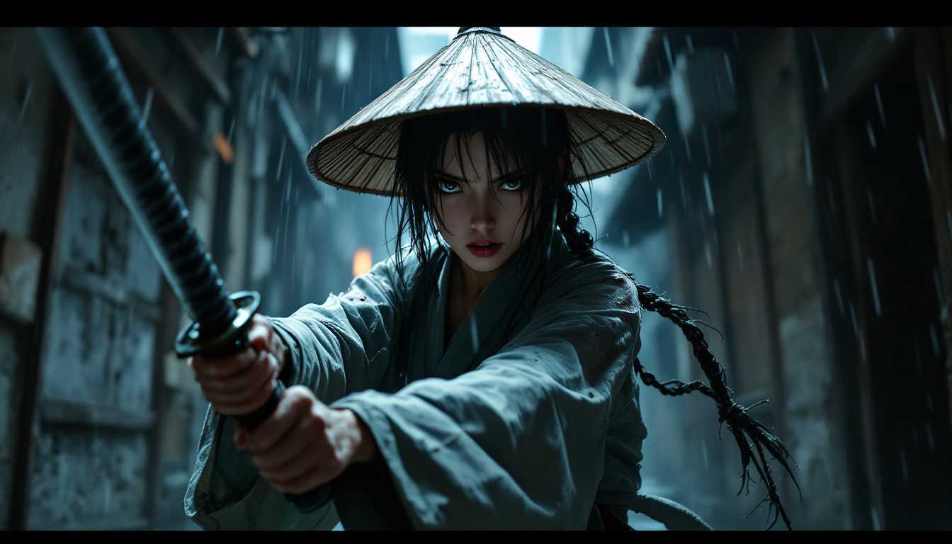"A dynamic scene featuring a determined katana-wielding girl adorned with a traditional wooden hat. Her clothes are visibly cut and ripped, evoking a sense of recent battle. Capture the intense expression on her face as she scans her surroundings, searching for a hiding place. The lighting is dim, suggesting early dusk or a hidden alleyway, with shadows creating a mysterious and tense atmosphere. The style is reminiscent of a high-contrast, neo-noir graphic novel, with dramatic angles and heightened emphasis on textures such as the fabric and wood grain. Include subtle touches of rain to add to the urgency and moodiness of the scene, using a low-angle perspective to emphasize her presence and the environment towering around her."