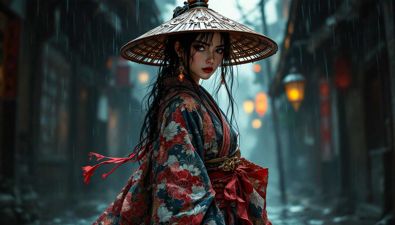 "A dynamic scene featuring a determined katana-wielding girl adorned with a traditional wooden hat. Her clothes are visibly cut and ripped, evoking a sense of recent battle. Capture the intense expression on her face as she scans her surroundings, searching for a hiding place. The lighting is dim, suggesting early dusk or a hidden alleyway, with shadows creating a mysterious and tense atmosphere. The style is reminiscent of a high-contrast, neo-noir graphic novel, with dramatic angles and heightened emphasis on textures such as the fabric and wood grain. Include subtle touches of rain to add to the urgency and moodiness of the scene, using a low-angle perspective to emphasize her presence and the environment towering around her."