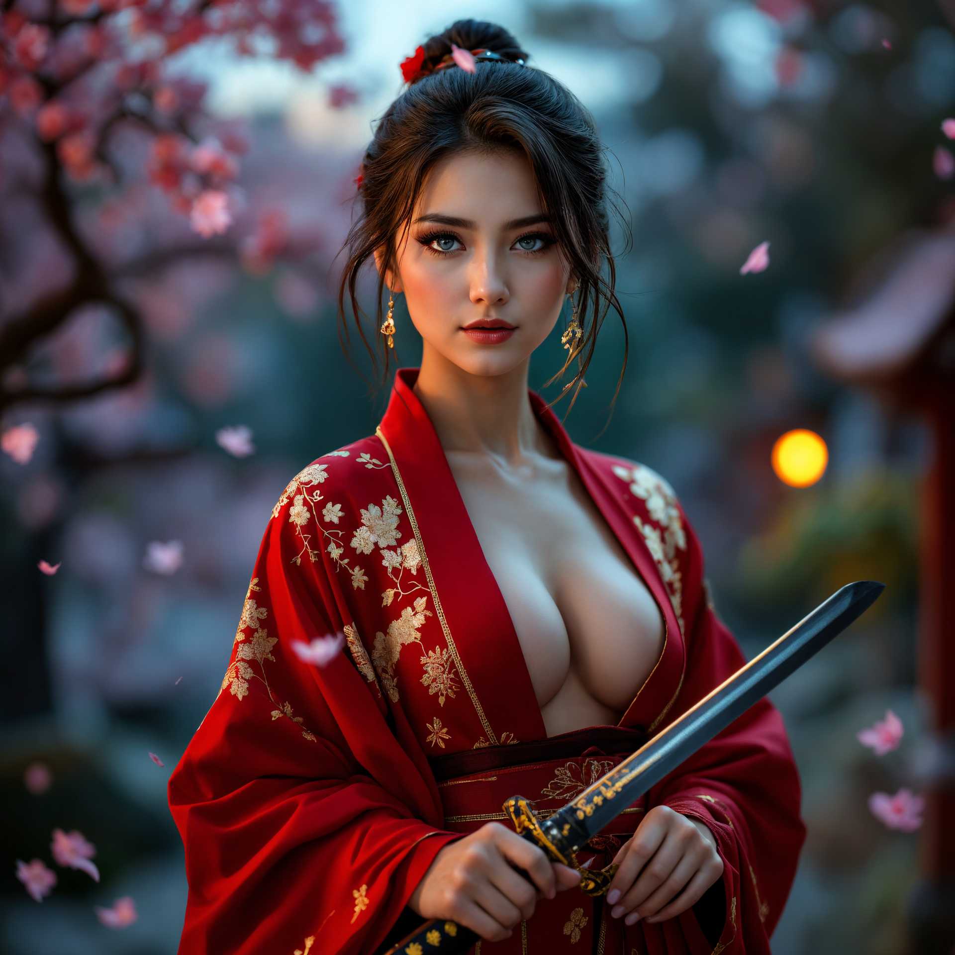 A full-body portrait of a female katana warrior exuding grace and power. She stands confidently, her posture upright and proud, with her brunette hair styled into a sleek, short cut that frames her striking blue eyes. She wears a traditional red kimono, intricately detailed with gold accents, the fabric catching the light to reveal its rich texture. The kimono is slightly open at the front, tastefully displaying her cleavage, adding to her allure. In each hand, she holds a katana, their polished steel glinting under the soft light, the blades reflecting intricate etchings. The scene is set against a serene background of a Japanese garden at twilight, with cherry blossom petals gently drifting in the evening breeze. The overall atmosphere is one of calm yet palpable tension, captured with a high-resolution, portrait-style composition that emphasizes the balance between elegance and strength.