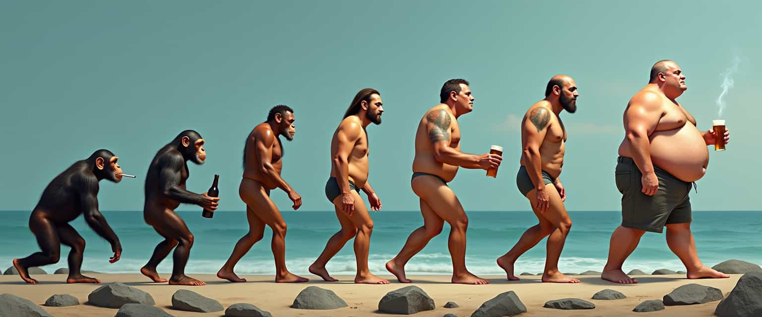  
The title words "EVOLUTION OF MAN" is prominently displayed at the top of the photo. This photo is a satirical take on the evolution of man, presented in a sequence from left to right. The progression begins with a chimpanzee, which is the common ancestor of humans and apes. The sequence then moves through various stages of human evolution, from a more apelike ancestor to a fully bipedal human. The art style is a blend of realism and caricature, with exaggerated features and proportions that add to the comedic effect. The medium appears to be digital painting, given the smooth gradients and blending of colors.The colors in the image are quite muted, with a focus on earthy tones and browns. The background is a gradient of blues, which gives a sense of depth and suggests the ocean, symbolizing the transition from a life aquatic to a life on land. The foreground rocks are a mix of grays and browns, which contrast with the lighter tones of the human figures.The objects in the image are quite sparse, with just the rocks in the foreground and the ocean in the background. The human figures are the main focus, with each one holding a different object that represents a modern-day indulgence or vice. The first figure is holding a bottle, the second figure has a cigarette, the third figure is bare-chested, the fourth figure is a modern man is holding a beer, the fifth figure is also bare-chested, and the final figure a modern man is holding a beer and cheese burger and is extremely fat. Overall, the image is a commentary on the perceived decline of human evolution, suggesting that instead of progressing towards a more enlightened or physically fit state, humans have instead become more sedentary and indulgent.hd, hyper-realism, photography