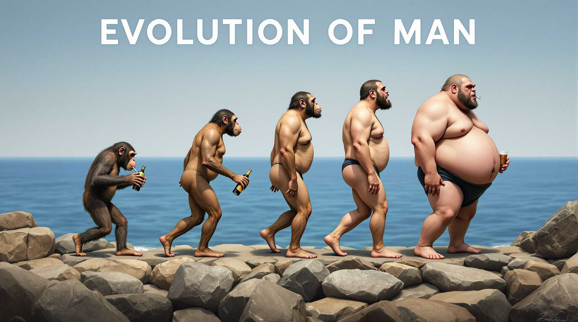  
The title words "EVOLUTION OF MAN" is prominently displayed at the top of the photo. This photo is a satirical take on the evolution of man, presented in a sequence from left to right. The progression begins with a chimpanzee, which is the common ancestor of humans and apes. The sequence then moves through various stages of human evolution, from a more apelike ancestor to a fully bipedal human. The art style is a blend of realism and caricature, with exaggerated features and proportions that add to the comedic effect. The medium appears to be digital painting, given the smooth gradients and blending of colors.The colors in the image are quite muted, with a focus on earthy tones and browns. The background is a gradient of blues, which gives a sense of depth and suggests the ocean, symbolizing the transition from a life aquatic to a life on land. The foreground rocks are a mix of grays and browns, which contrast with the lighter tones of the human figures.The objects in the photo are quite sparse, with just the rocks in the foreground and the ocean in the background. The human figures are the main focus, with each one holding a different object that represents a modern-day indulgence or vice. The first figure is holding a bottle, the second figure has a cigarette, the third figure is bare-chested, the fourth figure is a modern man is holding a beer, the fifth figure is also bare-chested, and the final figure a modern man is holding a beer and cheese burger and is extremely fat. Overall, the image is a commentary on the perceived decline of human evolution, suggesting that instead of progressing towards a more enlightened or physically fit state, humans have instead become more sedentary and indulgent.hd, hyper-realism, photography