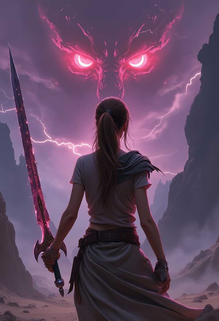 an intense battle scene.  A woman, petite, with brown hair, in a pony tail, holds a magic sword with a blade made of shards of glass.  her back is to the camera as she faces an immense thunderstorm with evil glowing red eyes.  The sky background is purple and she stands on a desert planet with jagged rocks and mountains in the background