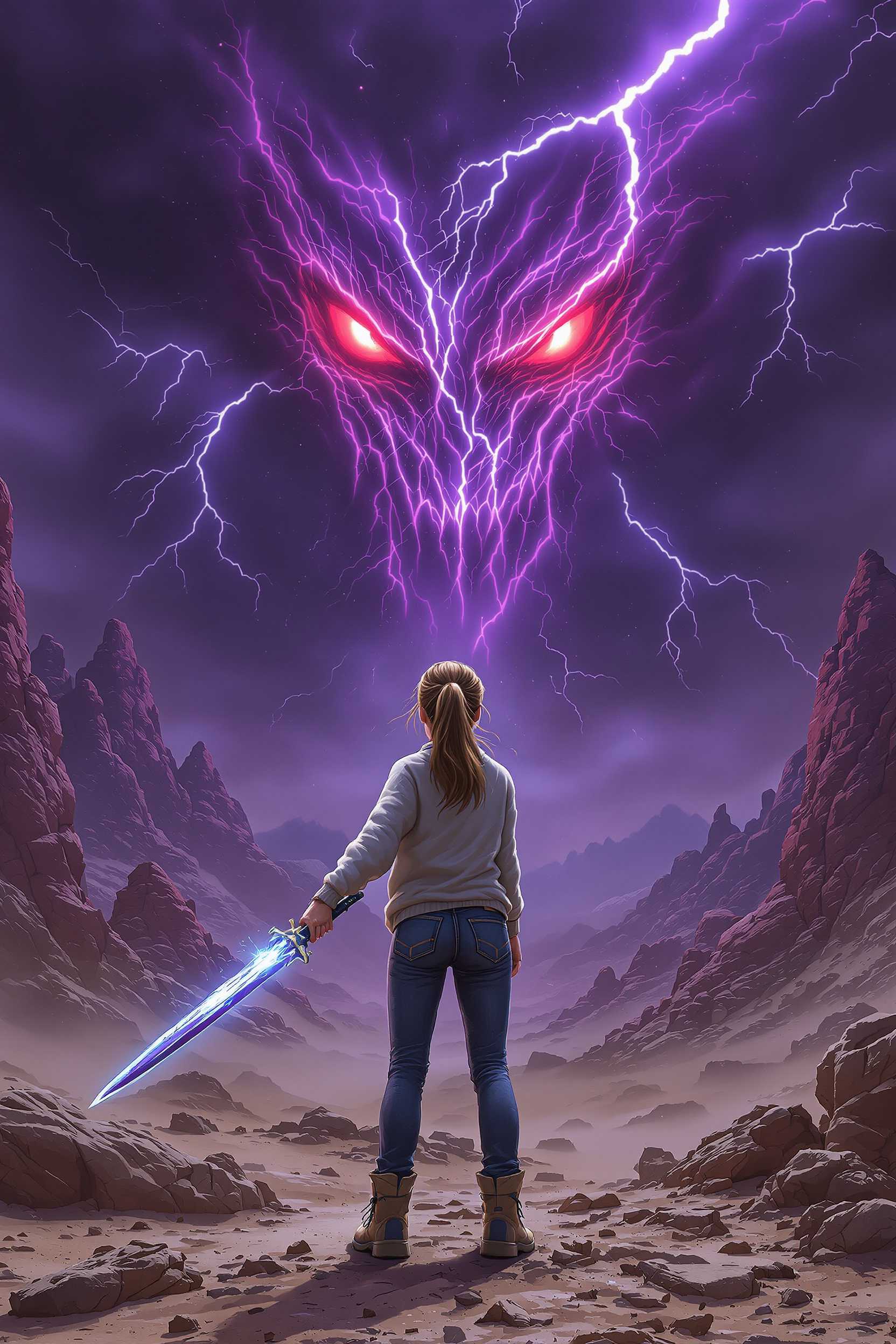 an intense battle scene.  A woman, petite, with brown hair, in a pony tail, holds a magic sword with a long thin blade made of shards of glass.  The girl wears a sweater, jeans and hiking boots.  her back is to the camera as she faces an immense thunderstorm with evil glowing red eyes.  The sky background is purple and she stands on a desert planet with jagged rocks and mountains in the background
