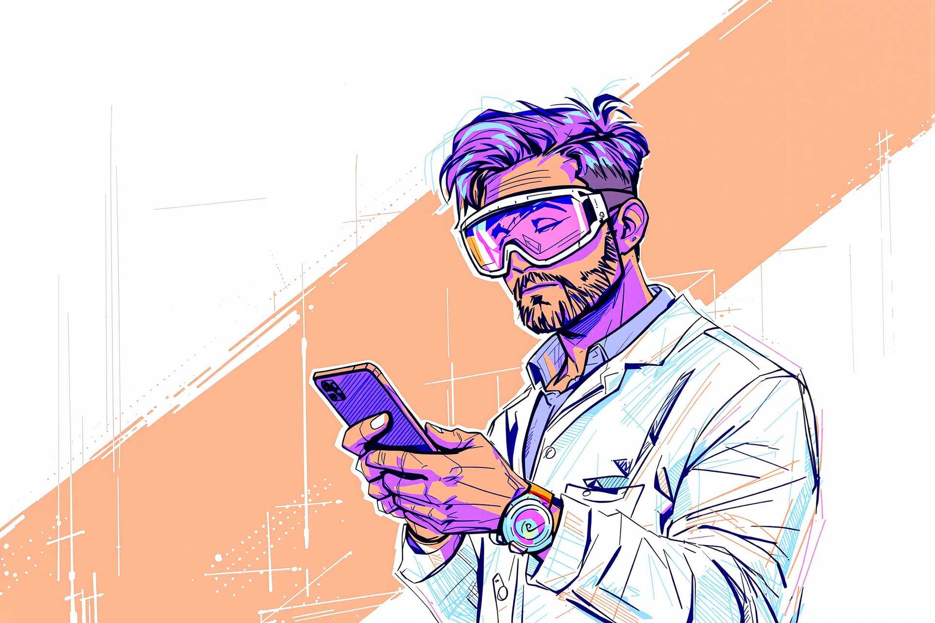 Stylish Man in Lab Coat Looking at Phone with Goggles