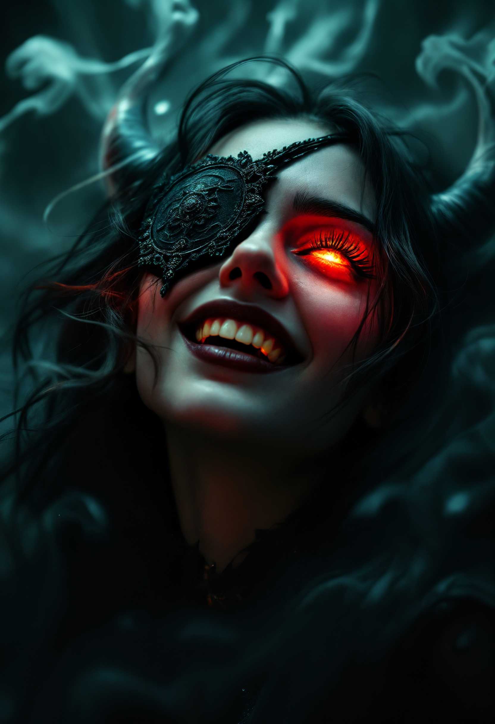 masterpiece, best quality, highres, sharp image, more detail <lora:more_details:0.5> <lora:SDXLrender_v2.0:1>, A dramatic portrait of a devilish girl captured in a low-angle shot, highlighting her mischievous laughter. Her long, flowing hair cascades down her shoulders, contrasting with the intensity of her ominous, glowing red eyes. The deep crimson red eyes, vivid and piercing, are accentuated by the dim, atmospheric lighting that casts intriguing shadows across her face. She wears a distinctive eye patch over one eye, adding an element of mystery and intrigue to her persona. The scene is enveloped in a dark, moody atmosphere, with hazy mist swirling in the background, reminiscent of a gothic horror style. The overall mood is eerie and otherworldly, enhanced by a soft focus and warm, low-key lighting that accentuates the girl's devilish features and the fiery glow of her eyes.