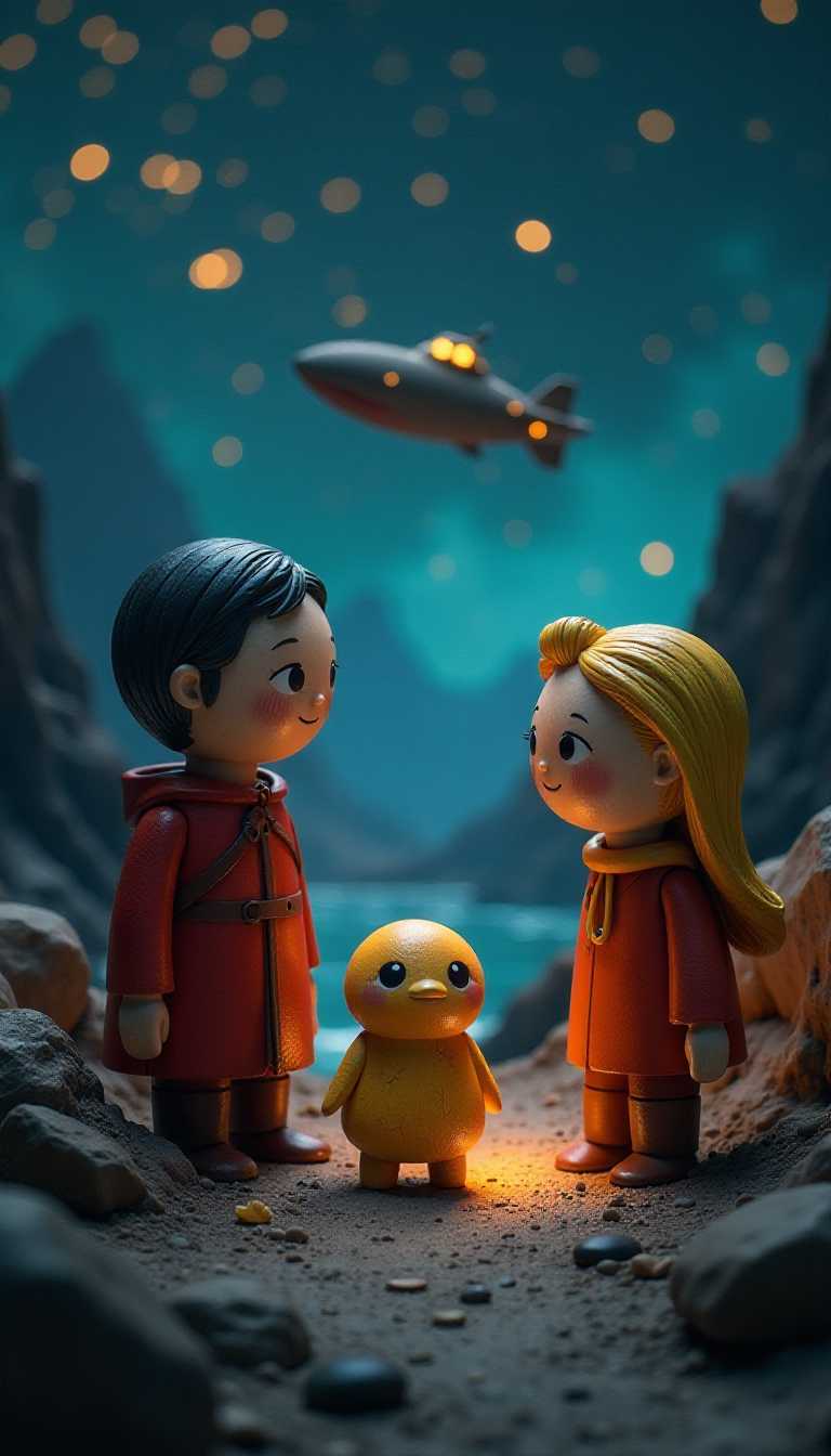 3d cartoon wooden characters painted with glossy paint. Toy diorama. There were a few things from that night Norbert could recall. The flying ship. The strange glowing light. And the prickly feeling all over his skin when the visitors examined him onboard. The rest was lost in a fog of questions. All Norbert knew for sure was the elders had returned. And he had been chosen.