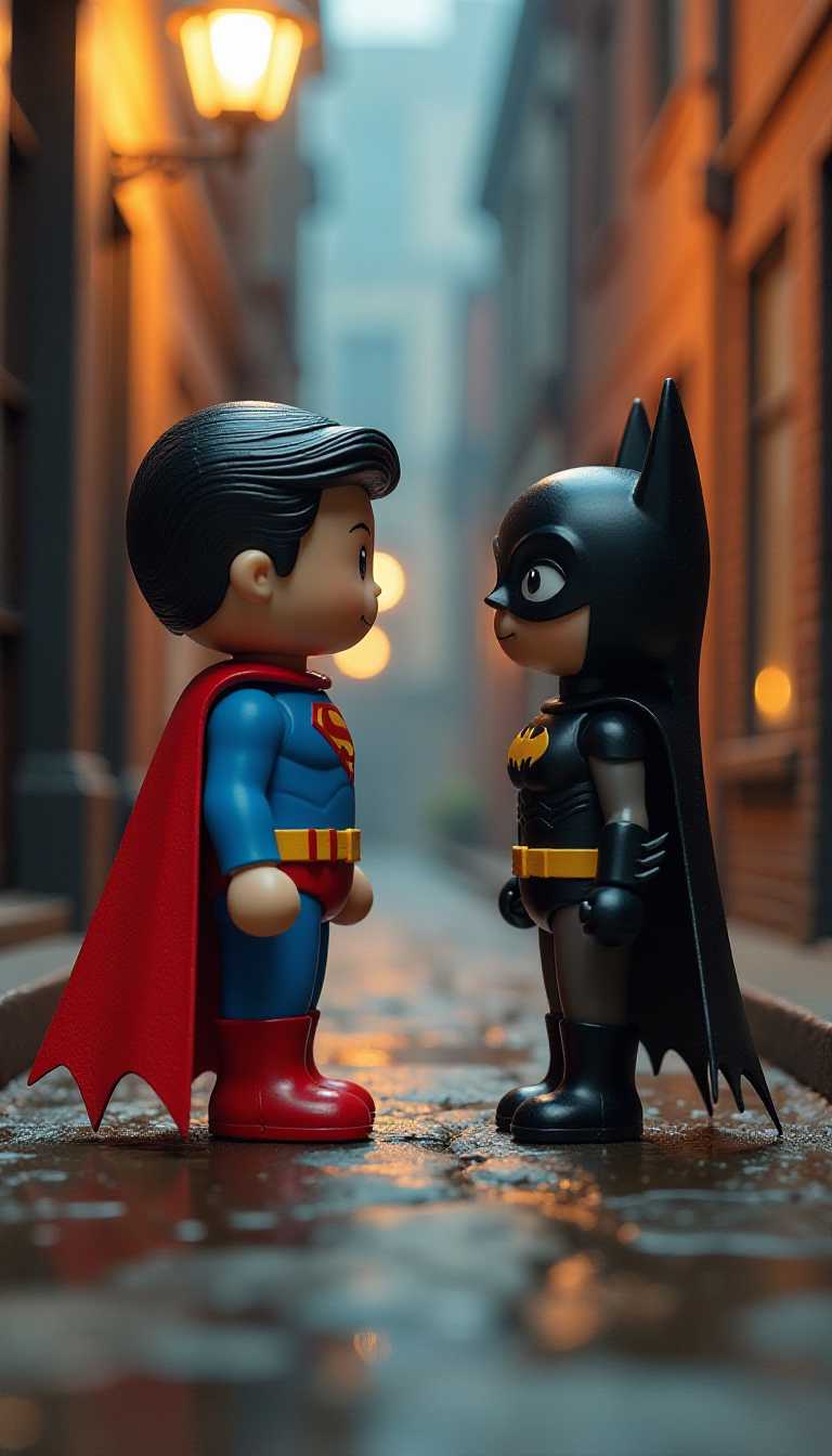 Superman and Batman Action Figures on a Wet Street