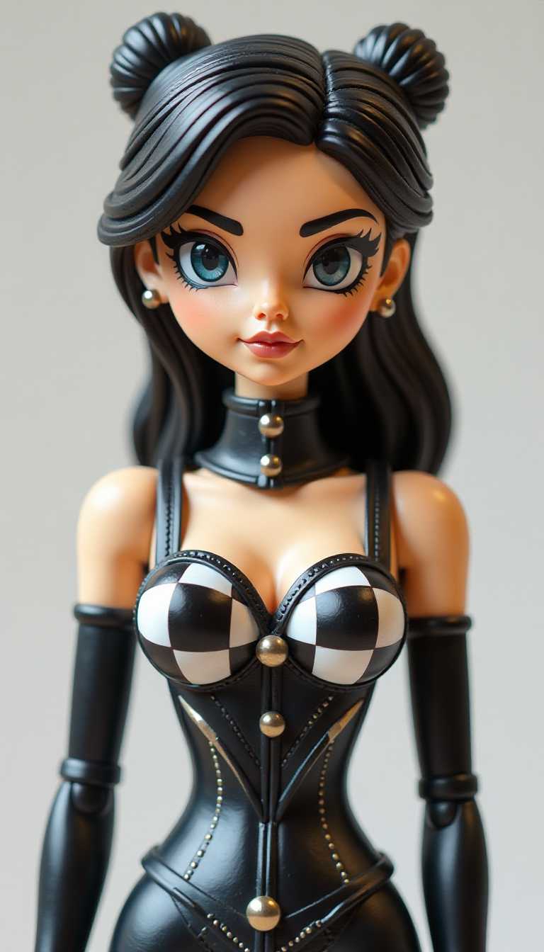3d cartoon wooden characters painted with glossy paint. Toy diorama. The figure is wearing a black and white checkered garment that resembles a corset, with a high neckline and a button detail at the collar. The garments design is modern and chic, with a geometric pattern that complements the overall aesthetic of the illustration.The figures expression is one of confidence and defiance, with her eyebrows slightly furrowed and her lips pursed in a determined manner. Her eyes are detailed with thick, winged eyeliner and long lashes, which, along with her overall appearance, gives her a somewhat mysterious and enigmatic quality.Overall, the image exudes a sense of boldness and modernity, with a strong emphasis on the figures confident and powerful presence.