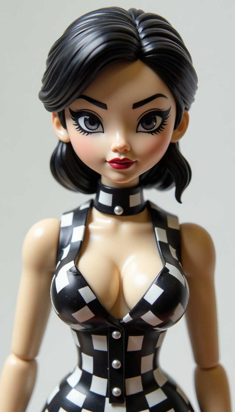 Black and White Checkered Doll with Red Lipstick