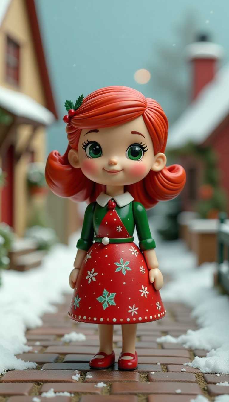 3d cartoon wooden characters painted with glossy paint. Toy diorama. a young woman, red hair, green eyes, 1950s style, wearing a xmas dress. Xmas theme. suburban background featuring a quaint cottage and cobbled street, snow