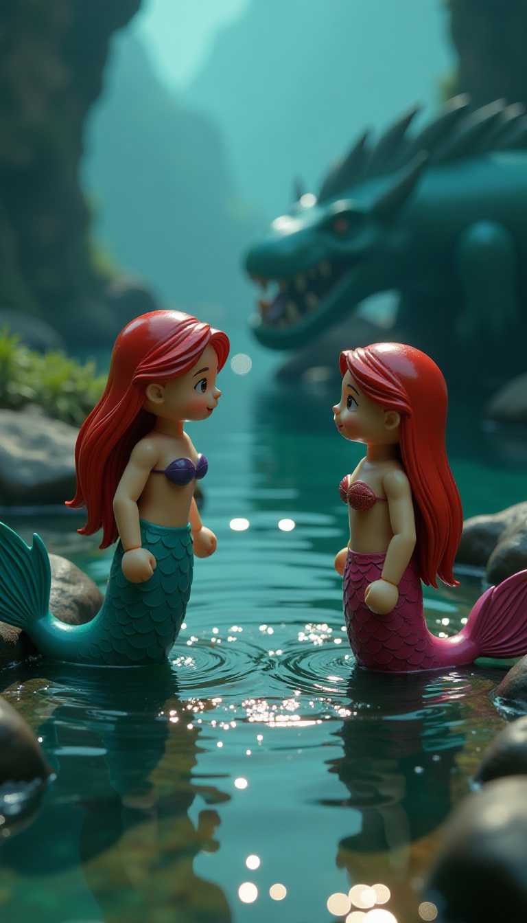 3d cartoon wooden characters painted with glossy paint. Toy diorama. mermaid encounters loch ness river beast, dramatic lighting.