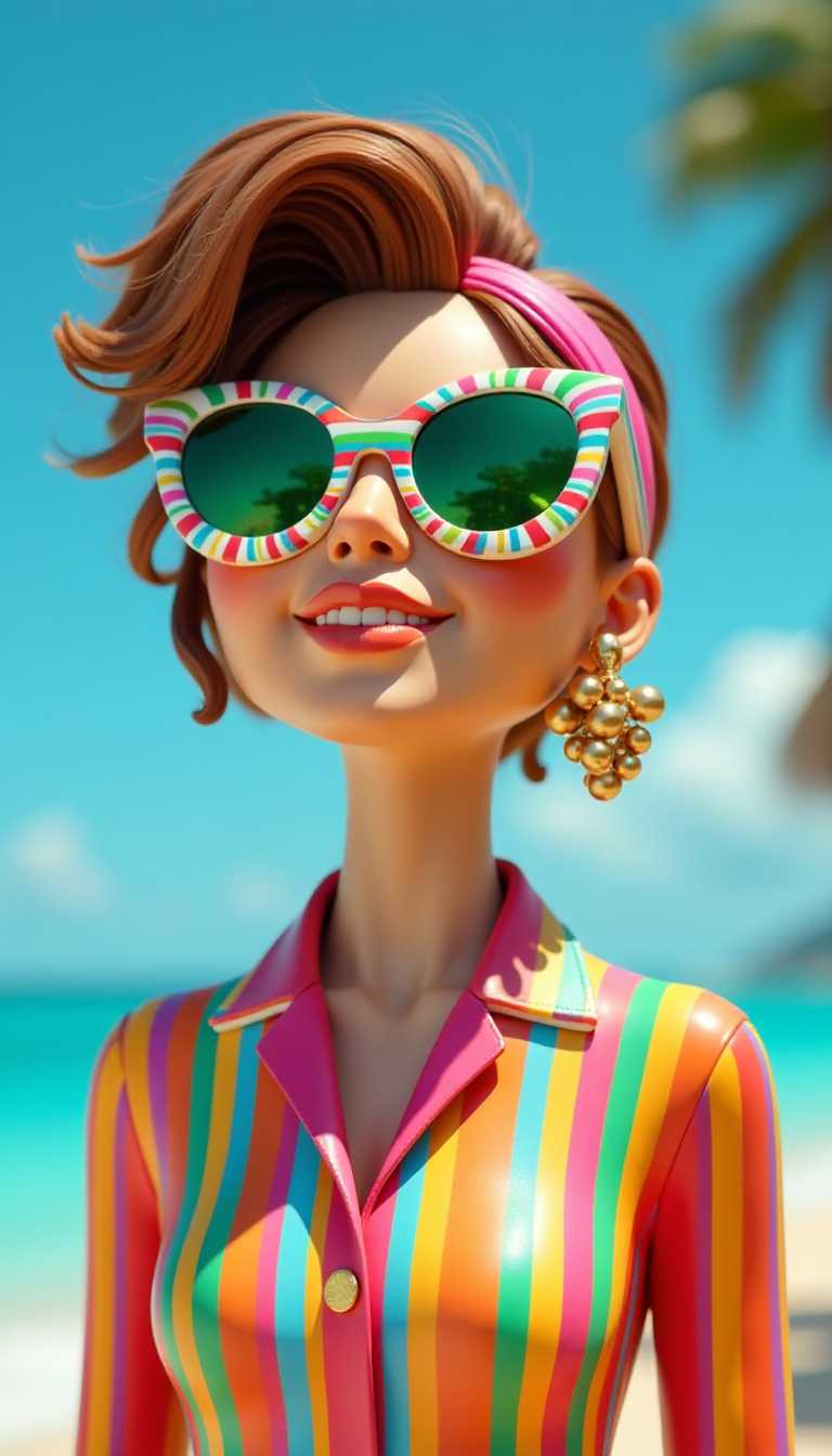 3d cartoon wooden characters painted with glossy paint. Toy diorama. The subject is wearing a vibrant, rainbowcolored striped garment that exudes a playful and energetic vibe. The stripes are wide and evenly spaced, with a spectrum of colors that include pink, blue, yellow, green, orange, and purple.The subject is also wearing a bold, oversized pair of sunglasses with a similarly colorful frame, which complements the striped garment. The sunglasses have a thick, white border with rainbowcolored stripes that match the garment. The lenses are green, and there are reflections visible on the glasses, suggesting a light source coming from above.The subjects hair is styled in a voluminous, teased updo, with strands of hair carefully arranged to create a textured look. A pink headband is wrapped around the base of the hairstyle, adding a pop of color that ties the overall look together.The subject is also wearing a unique, sculptural earring that resembles a twisted rope or a cluster of intertwined elements. The earring is metallic, likely gold or silver. Blue sky, tropical beach.