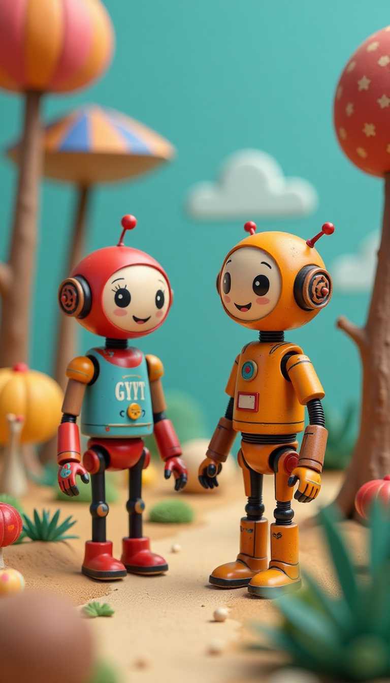 3d cartoon wooden characters painted with glossy paint. Toy diorama. you are a robot, utopian paradise.