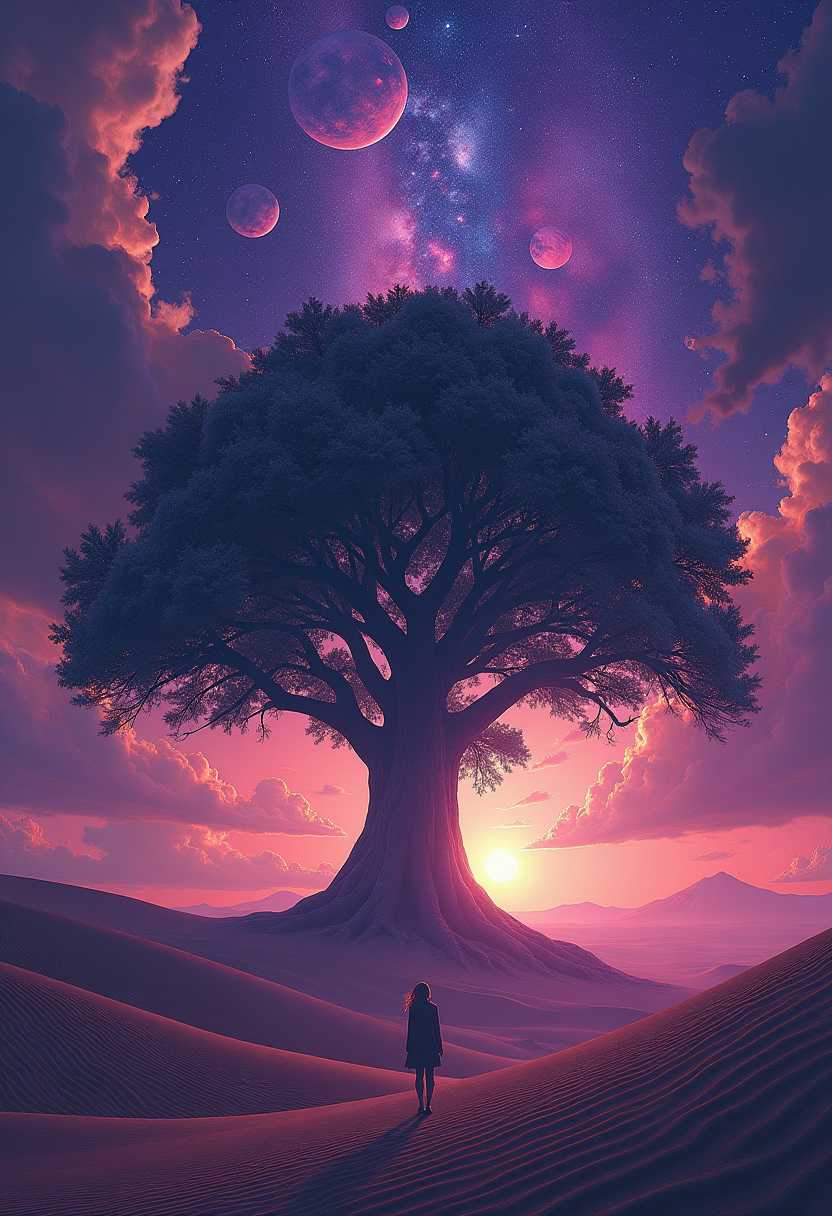 an intersection of universes, the place where the 19-dimensional manifolds of the infinite combine into an melange of colors, landscapes, galaxies, and planets.  A giant tree dominates the landscape, the sky filled with dozens of enormous planets and stars, in the foreground, a silhouette of a girl, <lora:MJ52:1>

 The backdrop features a stark, forbidding desert landscape, where undulating sands ripple under the eerie glow of purple skies filled with fantastical clouds. The overall mood is one of suspense and bravery, capturing a moment of intense action in a visually mesmerizing environment.