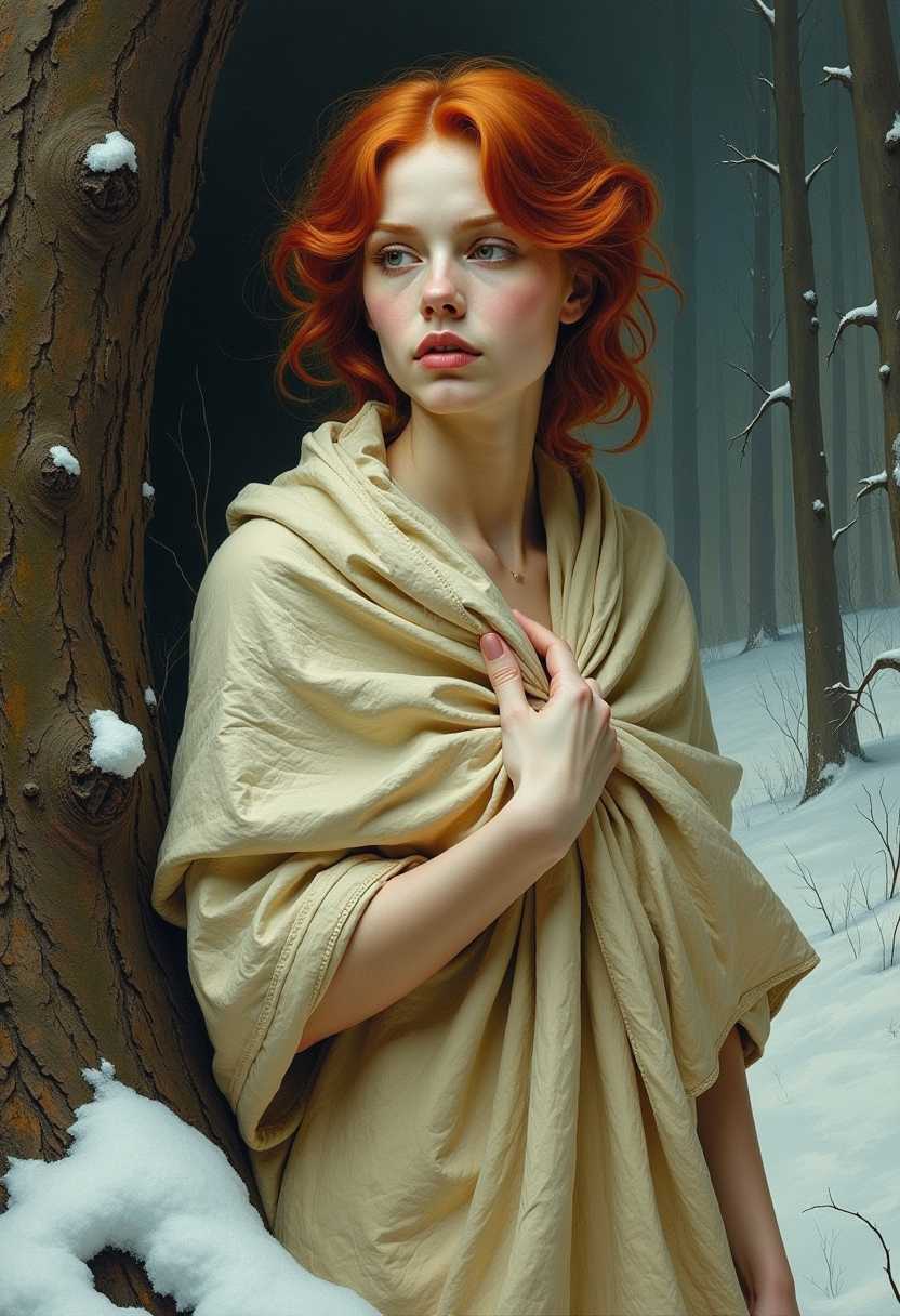 an oil painting by Frank Frazetta, portrait, spooky, Preserved being wrapped in ancient cloth, Fair Skin, Redhead with curly hair styled in a loose updo, beige matte lipstick, with a snowy tree in the foreground

