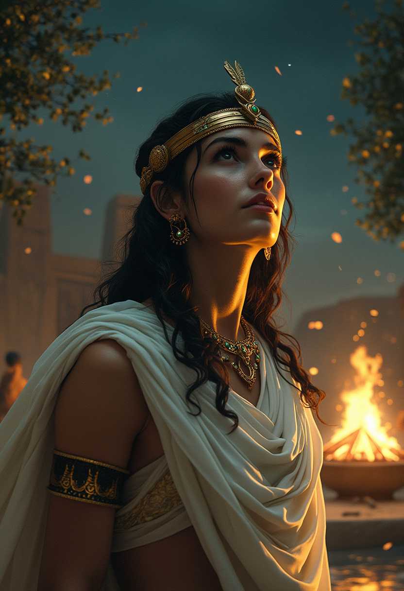 

horror, pulp, Style-GravityMagic, portrait, looking up, solo, half shot, detailed face, (<lora:DecorationBundlev2:0.6>, SilverSapphireAI theme:1.1) ruler tiara, stoic expression, dynamic pose,  white ancient tunic, laurel,  babylonian, mesopotamian mythology,  Akkad, ziggurat, classical era, (flourishing civilization:1.1), olive trees,  river in background, brazier,  night, darkness, stars,  majestic atmosphere, floating stone particles,