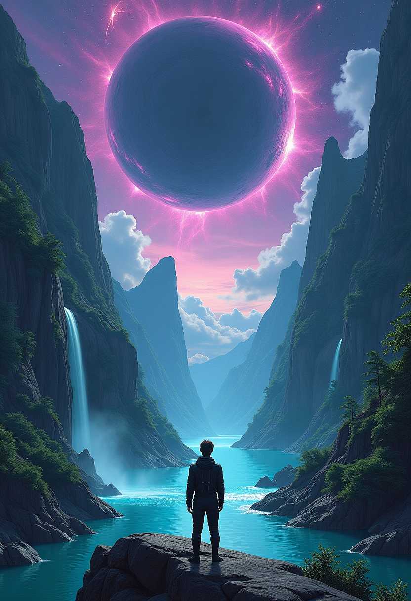 
vast surreal narrow mountain pass with waterfalls, shattered pieces of green and purple planet being sucked in to black hole visible in far off night sky, vibrant blue water, back of  small man in futuristic black space suit looking up towards sky in to the distance, realistic, floating islands with trees and waterfalls, <lora:(SDXL) xl_more_art-full_v1:0.5>, <lora:(SDXL) ral-dissolve-sdxl:1>, ral-dissolve, <lora:add-detail-xl:1>, <lora:SDXL_offset:1>