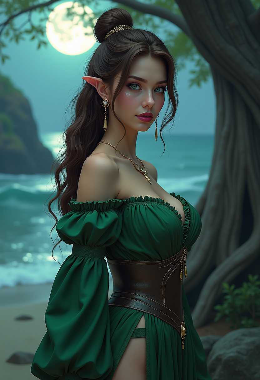 <lora:d3t41l3dXLP:1>, d3t41l3d, score_9, score_8_up, score_7_up, score_6_up, 1, shrouded, fibula, high-slit dresses, Temptress, Average Height, Wide Hips, Heart-Shaped Face, Fair Skin, Light Brown Hair, Blue Eyes with Green Flecks, Long Nose, Full Lips, Receding Chin, Shoulder-Length Hair, Curly Hair, Fancy Updo, asymmetrical breasts, Dangle earrings, magenta stain lipstick, Elf Treehouse, Gnome Hideout, with a rocky coastline in the background, <lora:add_detail:1>, modelshoot style, at night, moonlight, (extremely detailed CG unity 8k wallpaper), the most beautiful artwork in the world
