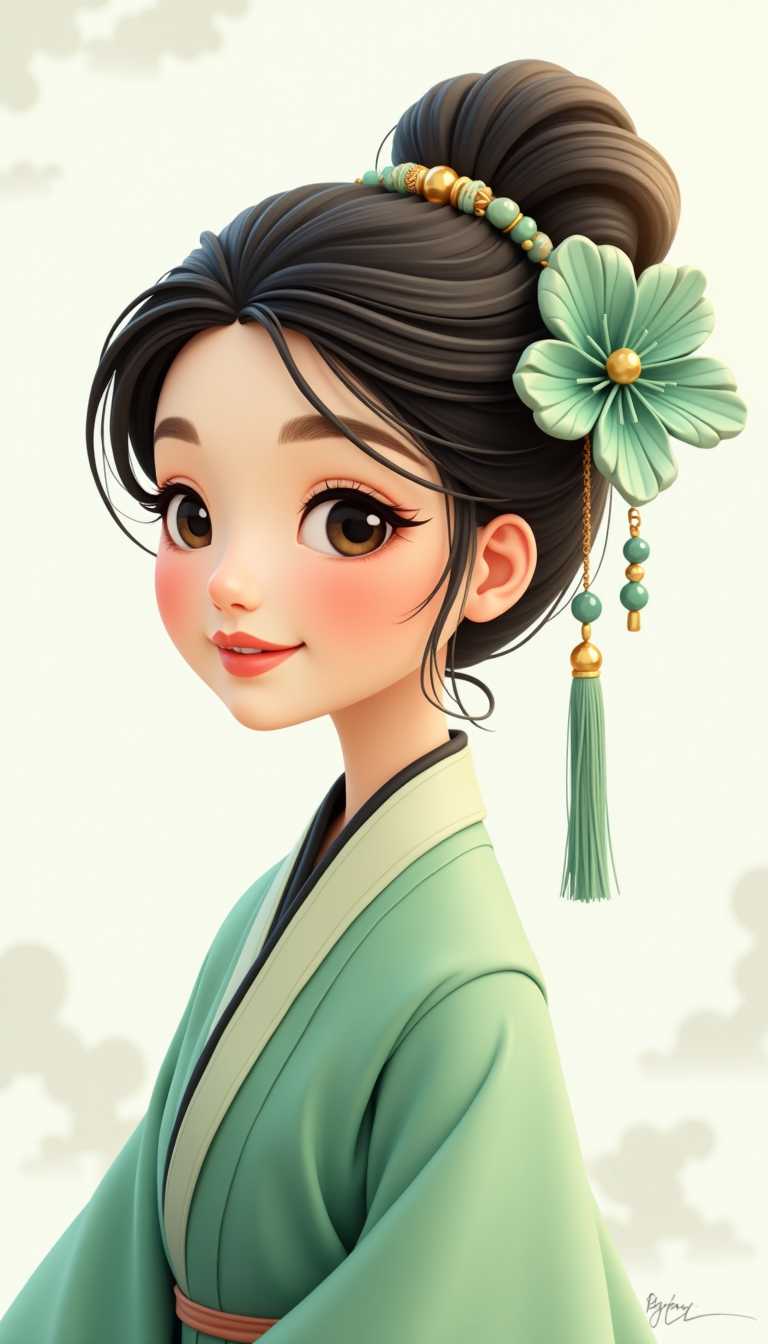 3d cartoon wooden characters painted with glossy paint. Toy diorama. a woman dressed in traditional East Asian attire, which appears to be a Hanfu, a style of dress that has a long history in Chinese culture. The Hanfu is depicted in a soft, muted green with a gentle gradient, giving it a sense of depth and movement. The collar of the garment is neatly folded, and the edges are trimmed with a thin black line, which adds a touch of elegance to the overall design.The womans hair is styled in an updo, secured with what seems to be a hairpin, which is a common accessory in traditional East Asian hairstyles. The hairpin is not only functional but also serves as a decorative element, often adorned with intricate details or symbolic motifs. The hair itself is rendered with a smooth, glossy texture, and the strands are delicately shaded to give a sense of volume and dimension.The womans ear is graced with a traditional Chinese earring, which features a prominent flower design. The flower is detailed with multiple petals and intricate shading, giving it a lifelike appearance. The earring also includes a tassel, which adds a dynamic element to the otherwise still composition. The colors of the earring are a harmonious blend of greens and blues, which complements the overall color scheme of the image.The background of the image is a soft, pale shade of white with a subtle gradient, giving it a dreamy quality. The white background serves to highlight the subject and the details of her attire and accessories. There are faint, abstract shapes that resemble clouds or waves in the background, which may symbolize tranquility or a connection to nature, common themes in East Asian art.The art style of the illustration is modern with a nod to traditional East Asian aesthetics. The use of soft shading and gentle gradients gives the image a serene and almost ethereal quality. The lines are clean and precise, with a clear sense of form and structure, which is characteristic of digital illustration techniques.
