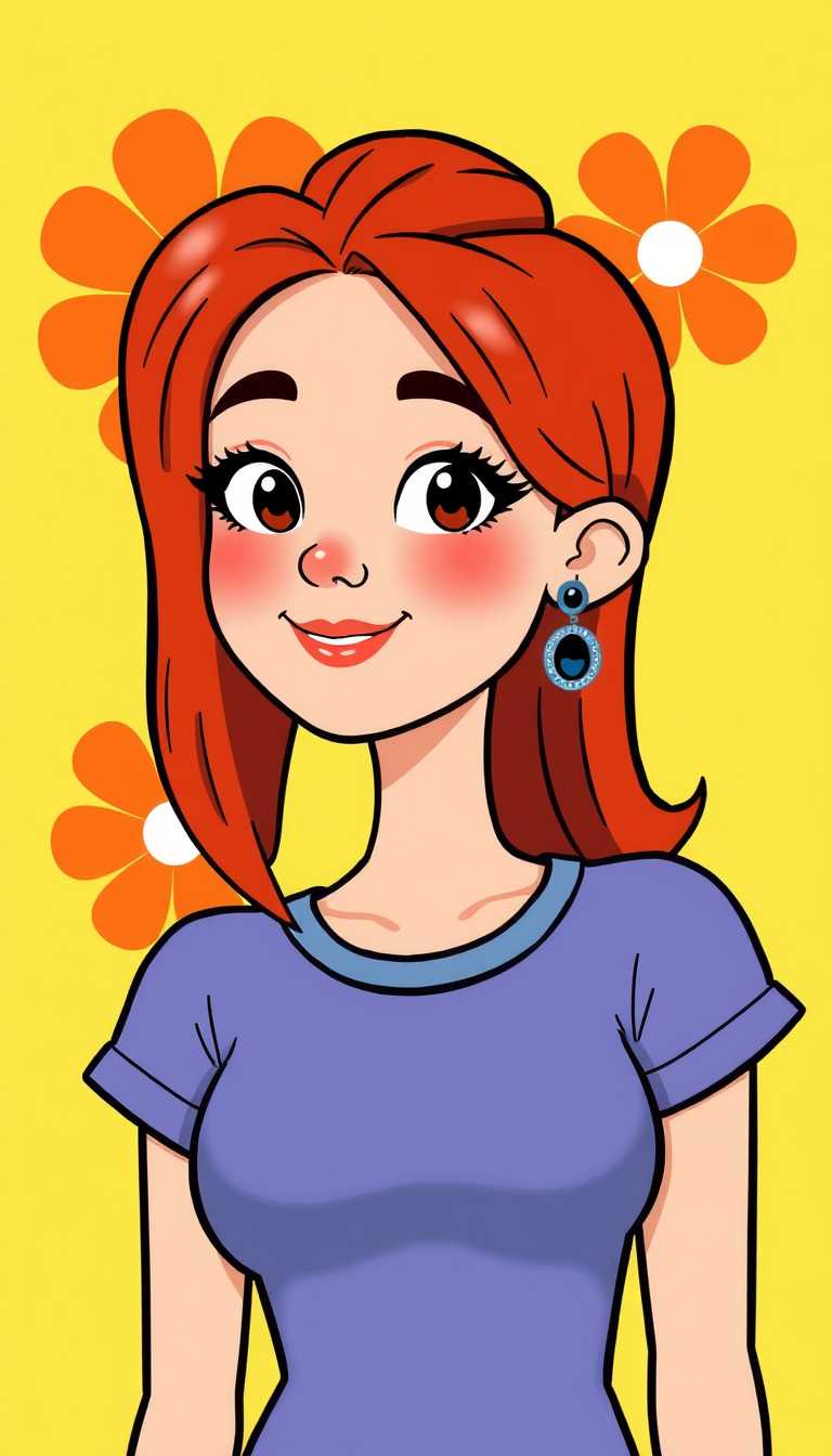 This 3d cartoon image is a stylized illustration of a person with prominent red hair. The art style is reminiscent of pop art, characterized by its bold outlines, flat colors, and simplified forms. The medium appears to be digital, as evidenced by the clean lines and the absence of texture or shading that might be present in traditional mediums like oil or pencil.The subject is wearing a shortsleeved top with a rounded neckline and a deep Vneck cut. The top is a shade of blue with a lighter blue on the inside of the neckline and shoulders, giving the impression of a fabric with some texture or folds. The persons right ear is visible, and there is a distinct earring with a circular design and a teardropshaped element hanging from it.The background is a bright yellow with two large, stylized orange flowers with white centers. The flowers are placed asymmetrically, with one flower slightly to the left of the center and the other to the right, both with a simple petal design and a circular outline. The yellow background gives the image a cheerful and vibrant feel, complementing the red hair and blue top.