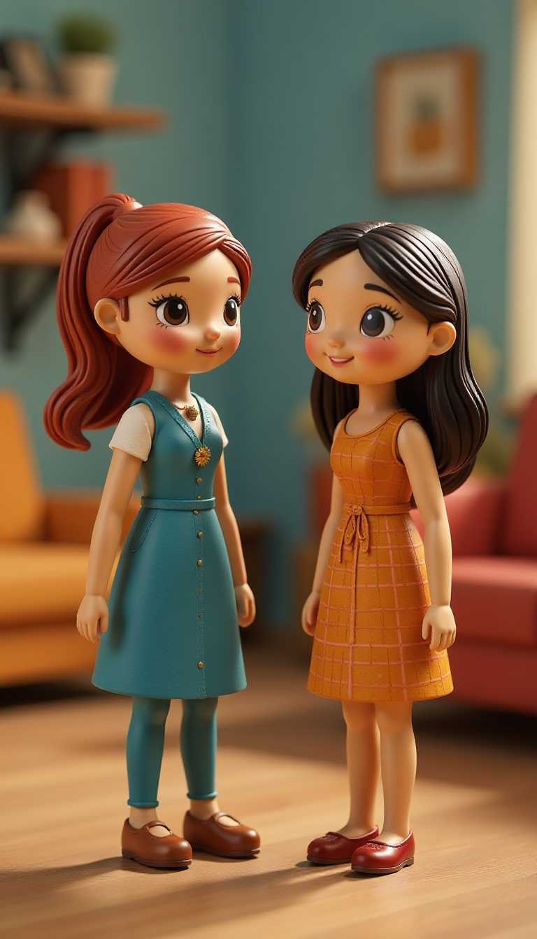 3d cartoon wooden characters painted with glossy paint. Toy diorama. Tina I love these women, such great television and clean humor