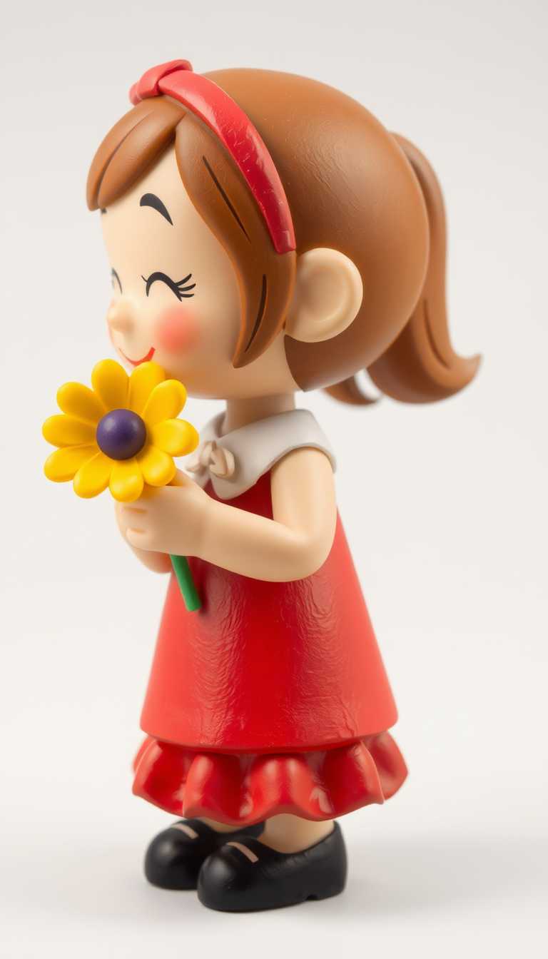 3d cartoon wooden characters painted with glossy paint. Toy diorama. The character is a young girl with a playful and innocent demeanor, dressed in a short red dress with a white collar and a matching red headband with a bow. The dress has a ruffled hemline, adding to the childlike charm of the character.The girl is depicted in profile, with her right arm extended to her side, holding a bouquet of yellow flowers with purple centers. The flowers are stylized with simple petals and a green stem, and the girls fingers are delicately positioned to suggest a gentle hold. The bouquet is a bright focal point against the red of her dress.The girls left arm is bent at the elbow, with her hand gently touching her cheek, as if she is playfully interacting with the flowers or perhaps in a moment of daydreaming. Her eyes are closed, and her eyebrows are slightly raised, giving her a content and serene expression.The art style is cartoonish, with exaggerated features such as the large head in proportion to the body, and the oversized shoes on her feet, which are black with white soles and bows. The characters hair is styled in a short, spiky fashion with a tuft sticking up at the top, adding to the whimsical nature of the illustration.The medium appears to be a digital illustration, given the clean lines and the crispness of the colors. The colors are bold and cheerful, with the red of the dress and headband standing out against the lighter background tones. The yellow of the flowers is bright and eyecatching, while the purple centers add a touch of contrast. The white of the collar and the girls socks provide a soft counterpoint to the vivid colors.The objects in the image are primarily the girl and the bouquet of flowers. The girls dress and headband are the most prominent objects, with the flowers adding a pop of color and a sense of liveliness to the composition. The background is minimal, with a light beige or tan color that fades into a white space, ensuring that the focus remains on the character and her interaction with the flowers.