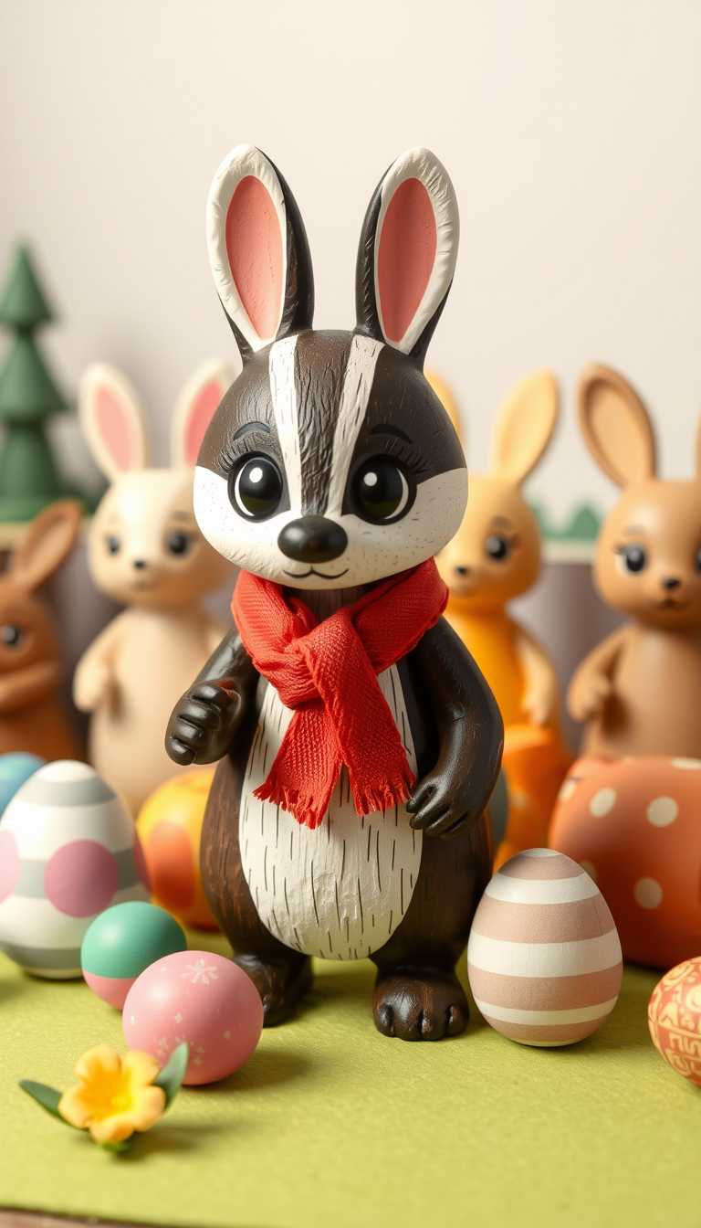 3d cartoon wooden characters painted with glossy paint. Toy diorama. A badger disguised as a easter bunny collection from Badgers section