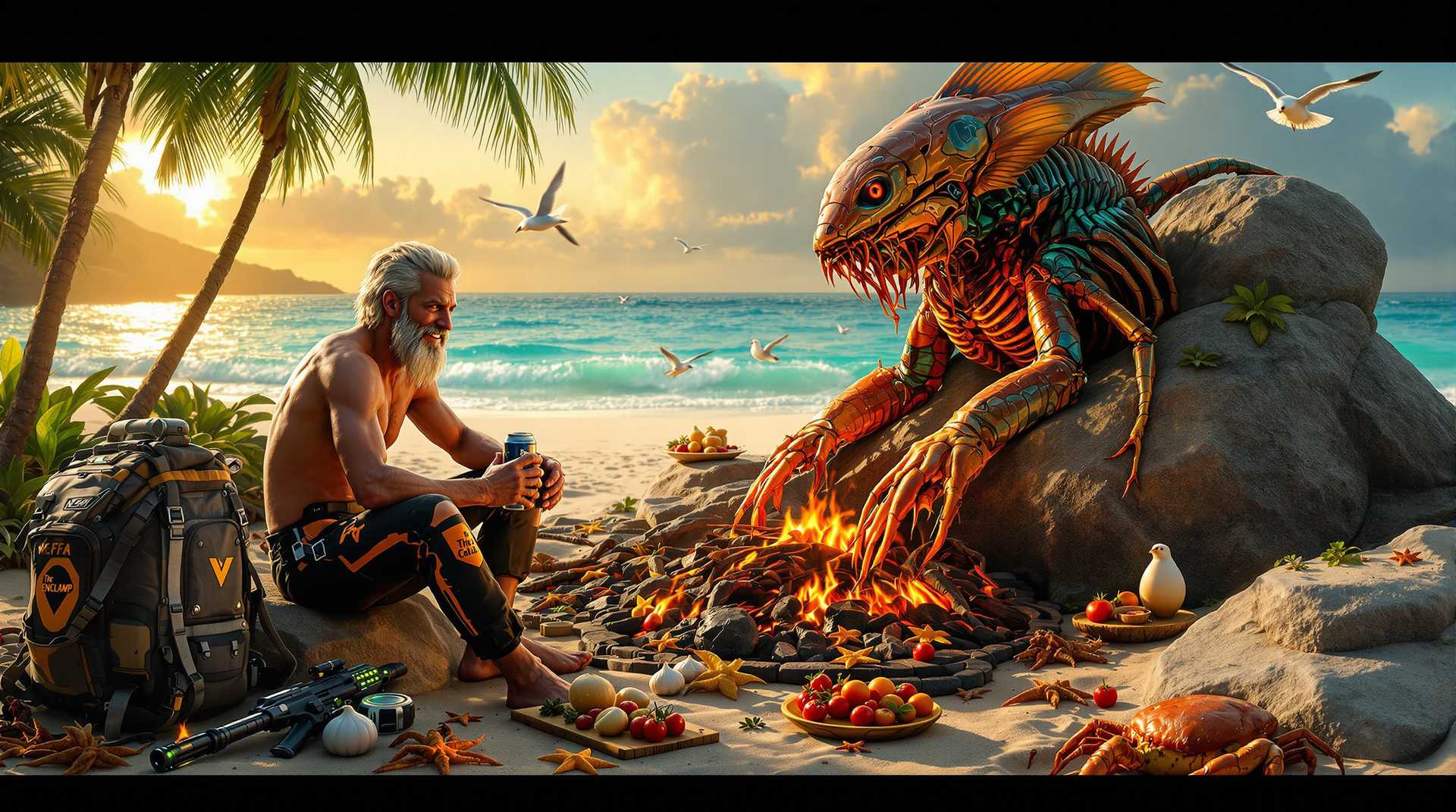 masterpiece, best quality, highres, sharp image, more detail, wide shot, cinematic, photorealistic, 4k, best quality,  tropical paradise beach, sunset, golden light, azure green transparent waves, palm trees swaying gently, lush vegetation near the beach, spectacular view. SteffN, tall, lean, semi-fit, 52 years old, bare torso, long grey hair with white stripes, long grey beard with white stripes, heterochromatic eyes, one blue and one green, smiling, wearing advanced black sci-fi diver trousers, orange patch "The Enclave" on left leg, sitting on large grey stone at the edge of sun-warmed sand, glowing bonfire nearby, loyal huskies eating fish chunks, visible large fish skeleton, rib bones, happy, full bellies, shimmering fur. a large Ostrich egg the size of a foot ball, seagulls in the air, 

foreground, gigantic colorful alien crap isroasting over glowing black coals, no flames, perched on a repurposed scafford built from beach-found metal scraps, armed iron sticks, shimmering golden-brown scales, surrounded by colorful dried seaweed, dried sea stars scattered on sand.

SteffN holding Nuka Cola Beer can, faint green glow, greasy hands, savoring roasted fish. wooden plate with garlic clusters, thyme sticks, colorful tomatoes, homemade cake topped with strawberries and cherries. advanced military sci-fi rucksack, LED-lit patches, lying beside rock. futuristic sci-fi alien weapon leaning on rock, engraved text on rock reads “Walkers Beach Camp.”

Big orange crab in lower right corner looking in to camera up close, drone hovering above for surveillance, beach deserted, no other humans. soft tropical breeze, vibrant sunset colors, peaceful ocean.