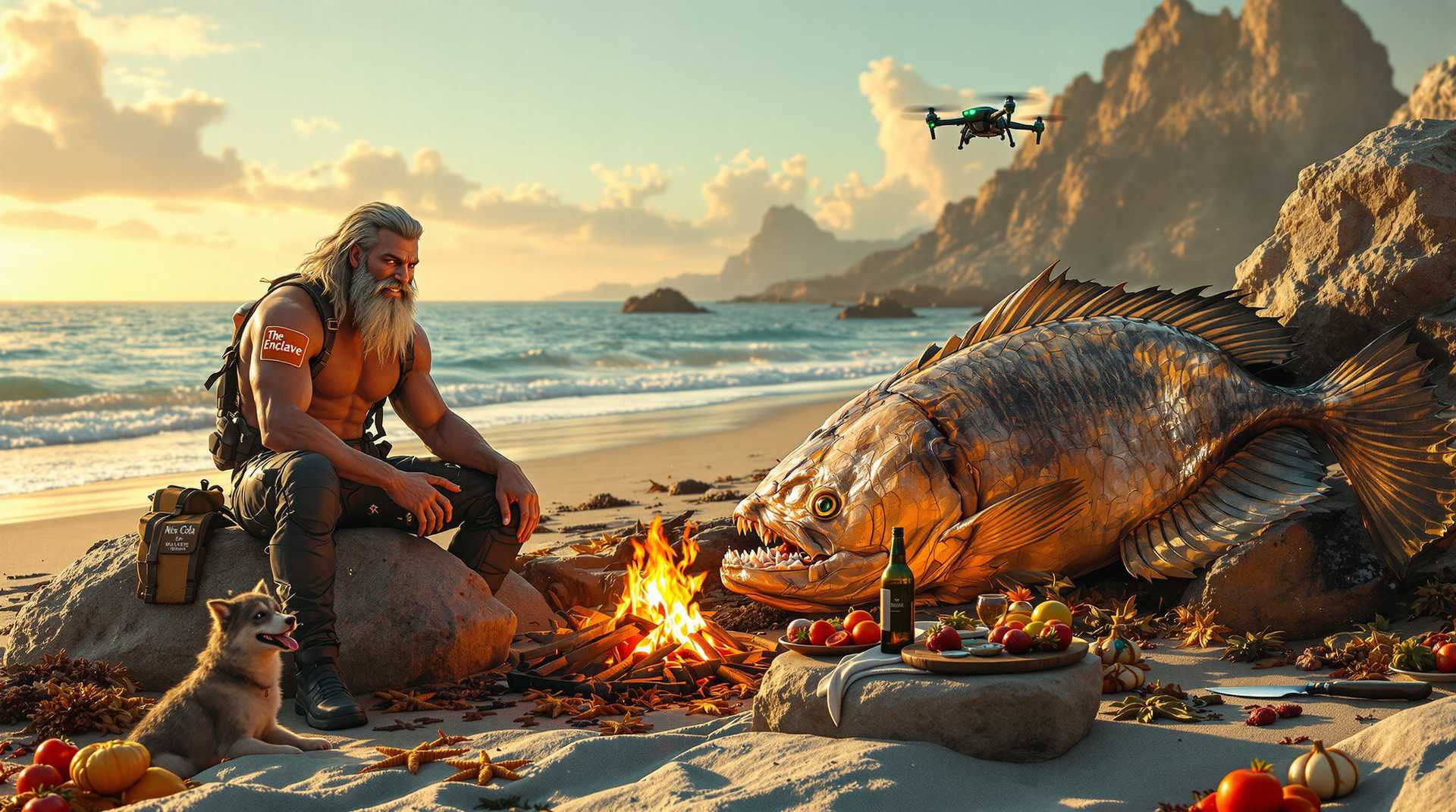 masterpiece, best quality, highres, sharp image, more detail <lora:more_details:0.5> <lora:SDXLrender_v2.0:1>, Wide shot of a serene beach at sunset, bathed in golden light. The muscular figure of SteffN, a 52-year-old man with a tall, fit build, is sitting on a large grey stone at the edge of the sun-warmed sand. He has long, grey hair and a long beard with striking white stripes, heterochromatic eyes—one blue and the other green—grinning as he enjoys the moment. SteffN is clad in a black military diver suit adorned with an orange patch reading "The Enclave." The scene captures the warm glow of a bonfire nearby, surrounded by loyal huskies eagerly devouring fish chunks.

In the foreground, a gigantic, colorful alien fish—sized like a small car—sizzles over the glowing black coals of the bonfire, resting on a repurposed metal scaffolding. The fish features shimmering scales in shades of golden brown, amidst colorful dried seaweed scattered across the sand. The air is thick with salty undertones, and a faint green glow emits from a cold Nuka Cola beer can in SteffN's greasy hands, alongside a wooden plate filled with garlic clusters, thyme sticks, colorful tomatoes, and a homemade cake decorated with fresh strawberries and cherries. wide shot, sunset, serene beach, golden light, SteffN, tall, fit, 52 years old, long grey beard with white stripes, long grey hair with white stripes, muscular torso, black military diver suit, orange patch "The Enclave" on left, heterochromatic eyes, one blue, one green, smiling, sitting on big grey stone, sun-warmed sand, glowing bonfire, loyal huskies.

foreground, gigantic colorful alien fish, roasting, glowing black coals, no flames, repurposed metal scafford, shimmering scales, golden brown, salty air. SteffN, greasy hands, savoring roasted fish, holding cold Nuka Cola Beer can, faint green glow. wooden plate, garlic clusters, thyme sticks, chef’s knife, colorful tomatoes, homemade cake, strawberries, cherries, Old Armagnac bottle, white wine labeled Du Mere. a small orange crap are wathing the scene in rught front lower corner of image, .

three huskies eating fish chunks, visible large fish skeleton, rib bones, happy, full bellies, shimmering fur. azure blue-green water, transparent waves, god rays, angel light, clear ocean, peaceful sunset.
In the foreground, a unique huge gigantic colorfull alien fish the size of a small car is roasted over the huge bonfire over glowing coles on a repurposed metal home build scafford.   colorfull dryed seaweed on the sand. dryed out colorfull sea stars, A military scifi rucksac lying besides anorned with gadgets and led light patches, a scifi advanced alien like futuristic weapon leans on a big piece of rock grounded in the sans, thers someone chisseled text in the rock that reads, 
` Walkers Beach Camp`, with large text.
 A drone is hoovering over to keep watch, no one else is on the beach, its a deserted area, no other humans are seen,