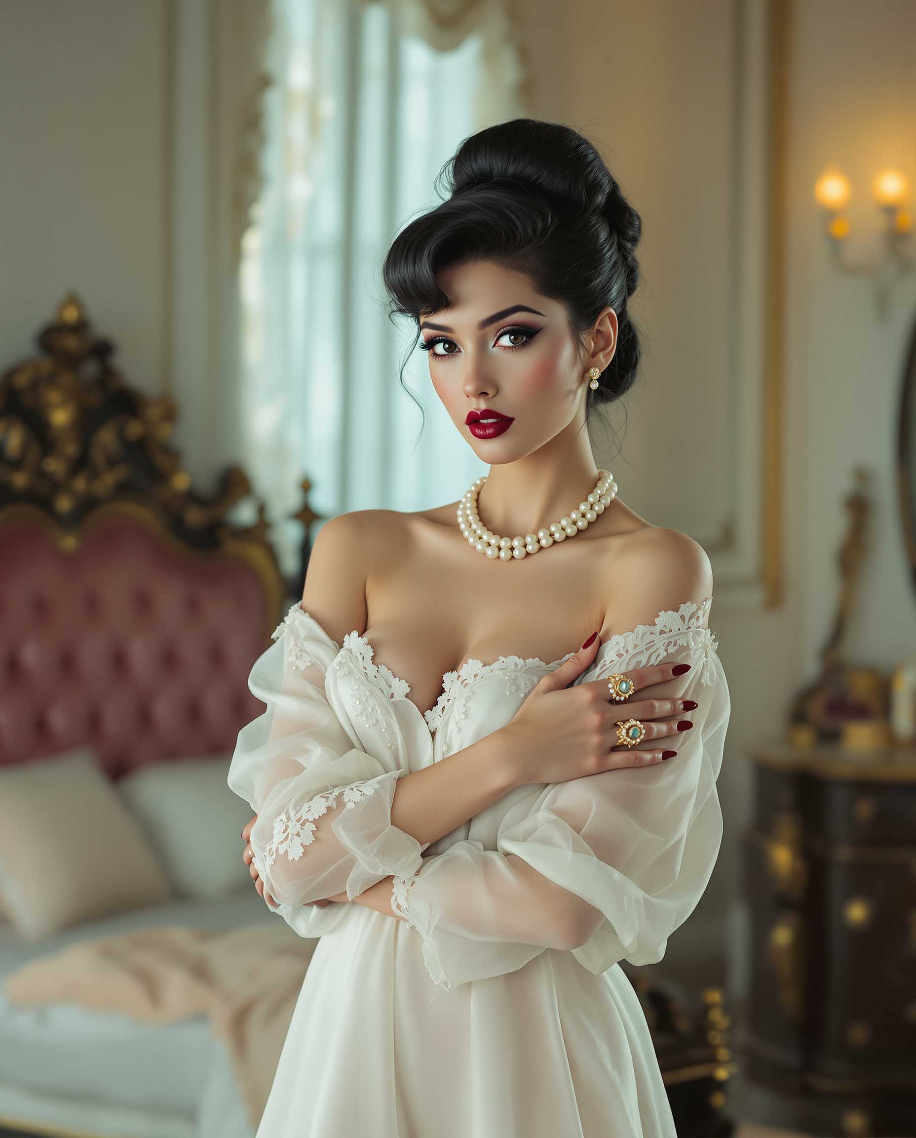 A stunning, cinematic high-contrast full color vintage photograph captures the opulence of the 1960s through the lens of a 'Mad Men'-inspired world, showcasing an alluring woman with impeccably styled, jet-black hair in a polished beehive updo, soft tendrils caressing her face; her lips are painted a luxurious deep berry shade, highlighted with a glossy finish that accentuates her sultry pout. She dons a diaphanous, voluminous white nightgown that cascades around her figure, the fabric lightweight and sheer, creating an ethereal halo as light filters through the silk chiffon; intricate, delicate lace trim embellishes the neckline and cuffs, adding feminine grace and sophistication. Her almond-shaped eyes are dramatically defined with bold cat eyeliner and thick, voluminous lashes, exuding an air of hypnotic allure, while a string of timeless pearls subtly adorns her neck, glistening delicately against her porcelain skin. The vintage boudoir is softly lit in the background, adding depth to the scene with an elegant rococo bed and ornate vanity, creating a captivating focal point as she stands poised with one arm gracefully draped across her body, her fingers elegantly adorned with bold cocktail rings that hint at an era of indulgence and refinement.