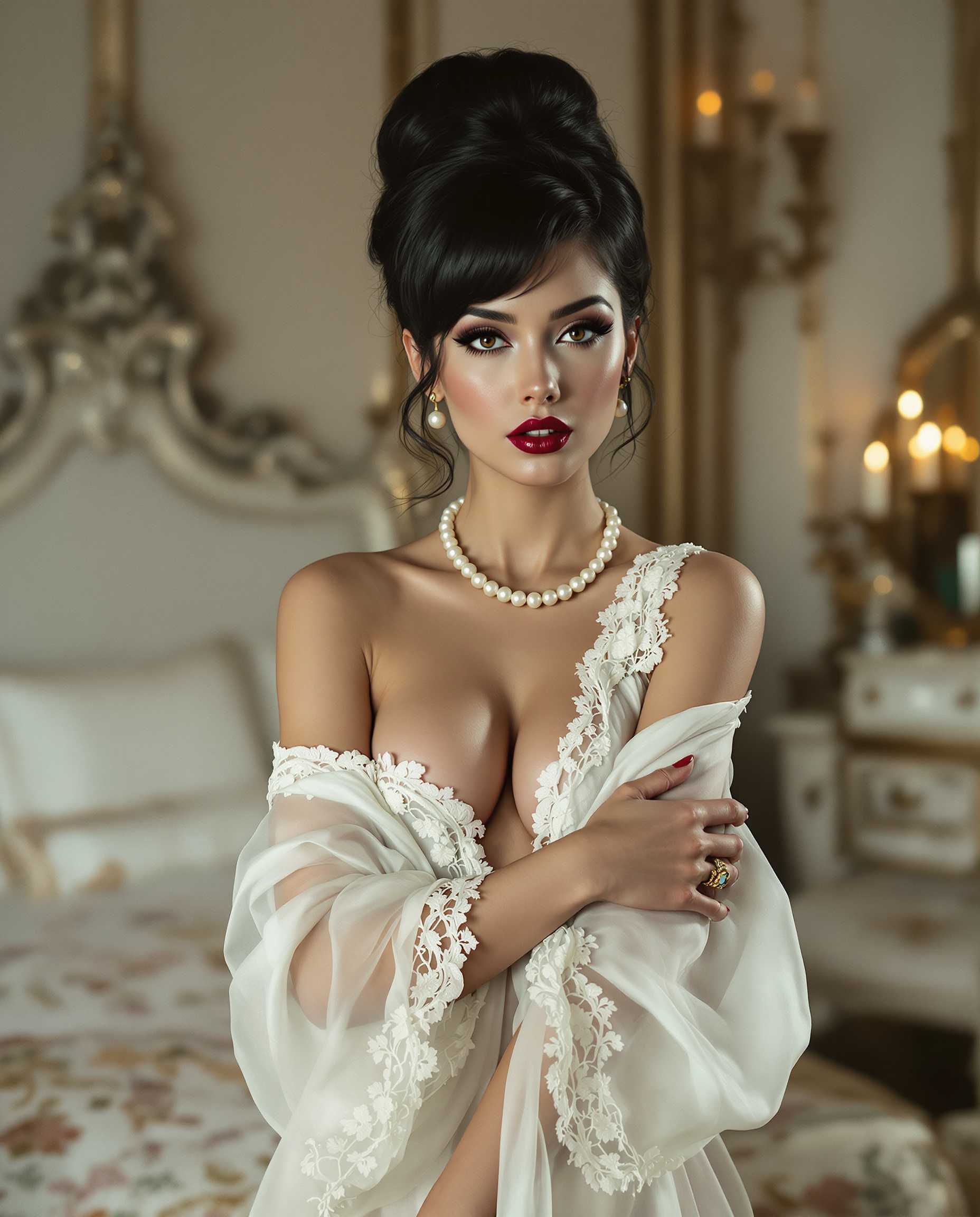 A stunning, cinematic high-contrast full color vintage photograph captures the opulence of the 1960s through the lens of a 'Mad Men'-inspired world, showcasing an alluring woman with impeccably styled, jet-black hair in a polished beehive updo, soft tendrils caressing her face; her lips are painted a luxurious deep berry shade, highlighted with a glossy finish that accentuates her sultry pout. She dons a diaphanous, voluminous white nightgown that cascades around her figure, the fabric lightweight and sheer, creating an ethereal halo as light filters through the silk chiffon; intricate, delicate lace trim embellishes the neckline and cuffs, adding feminine grace and sophistication. Her almond-shaped eyes are dramatically defined with bold cat eyeliner and thick, voluminous lashes, exuding an air of hypnotic allure, while a string of timeless pearls subtly adorns her neck, glistening delicately against her porcelain skin. The vintage boudoir is softly lit in the background, adding depth to the scene with an elegant rococo bed and ornate vanity, creating a captivating focal point as she stands poised with one arm gracefully draped across her body, her fingers elegantly adorned with bold cocktail rings that hint at an era of indulgence and refinement.