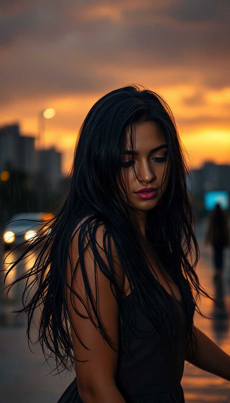 Stylish Woman in Black Dress Walking on Rainy Street at Sunset