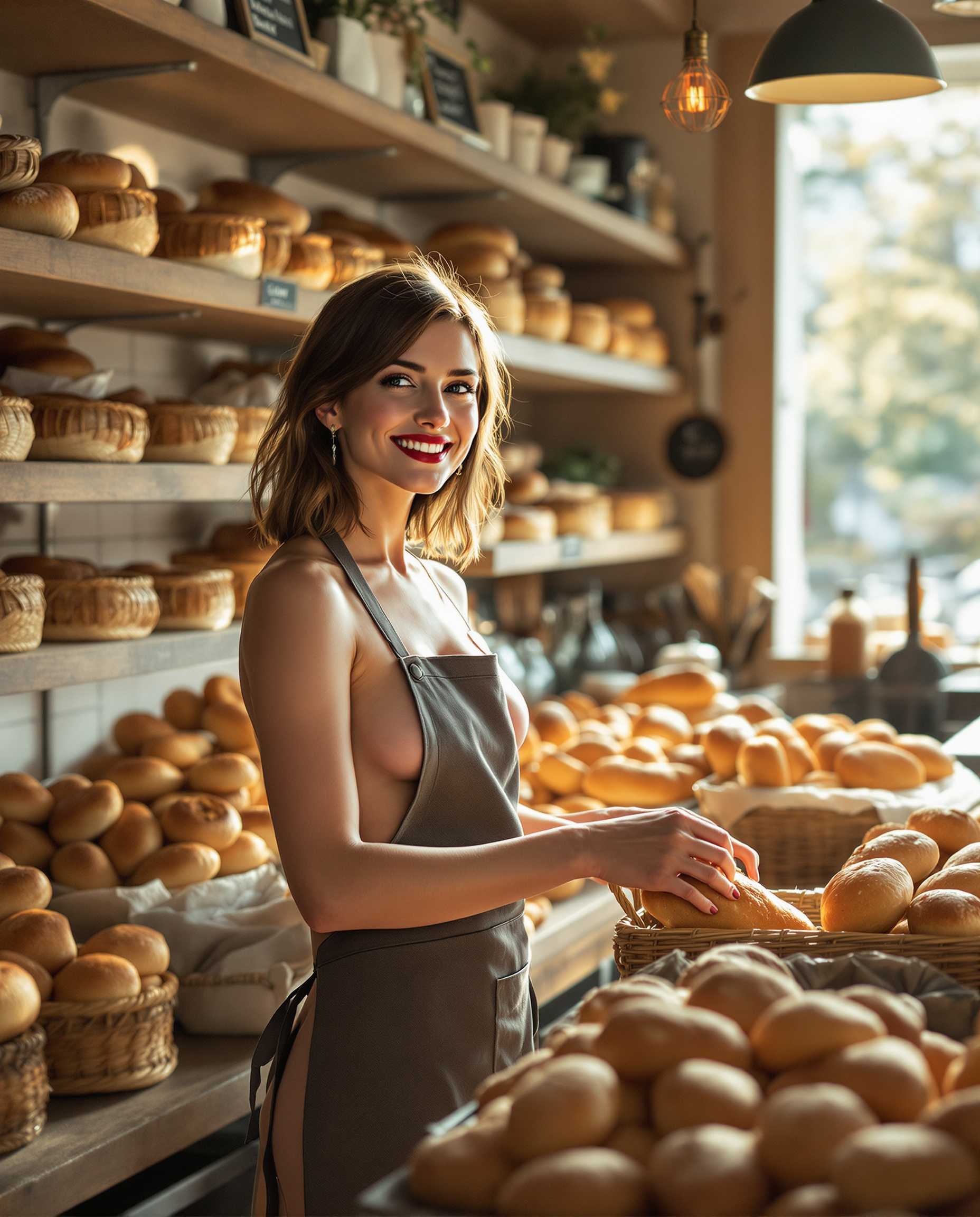 An image of a 30-year-old nude German woman with shoulder-length brunette hair, wearing only a traditional bakery apron, dark red lipstick, smiling warmly as she arranges freshly baked bread on display shelves. The bakery is cozy and inviting, with rustic wooden counters, baskets of golden loaves, and the soft glow of morning sunlight streaming through the window. Highly detailed, ultra-realistic, 8K high resolution, in the style of lifestyle photography, rustic charm, and warm interior design.