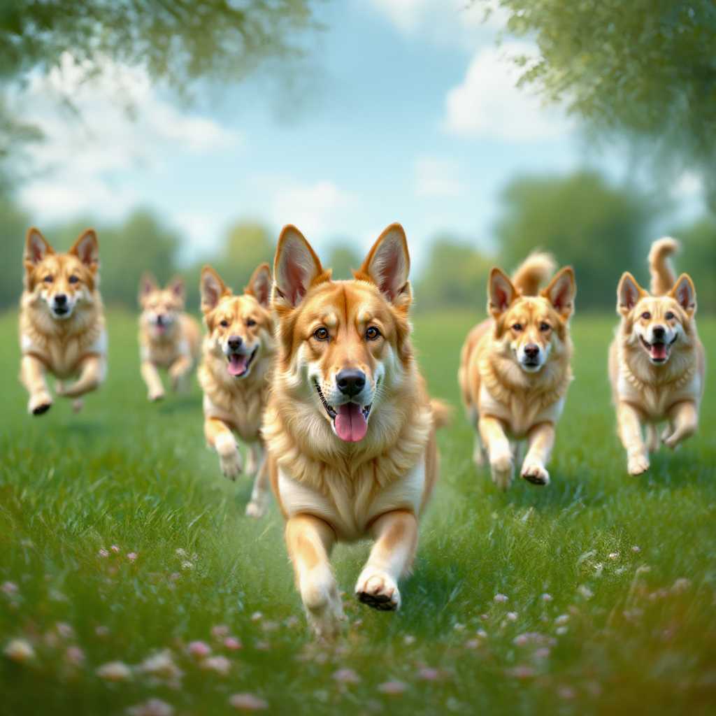 Dogs running through a field of grass