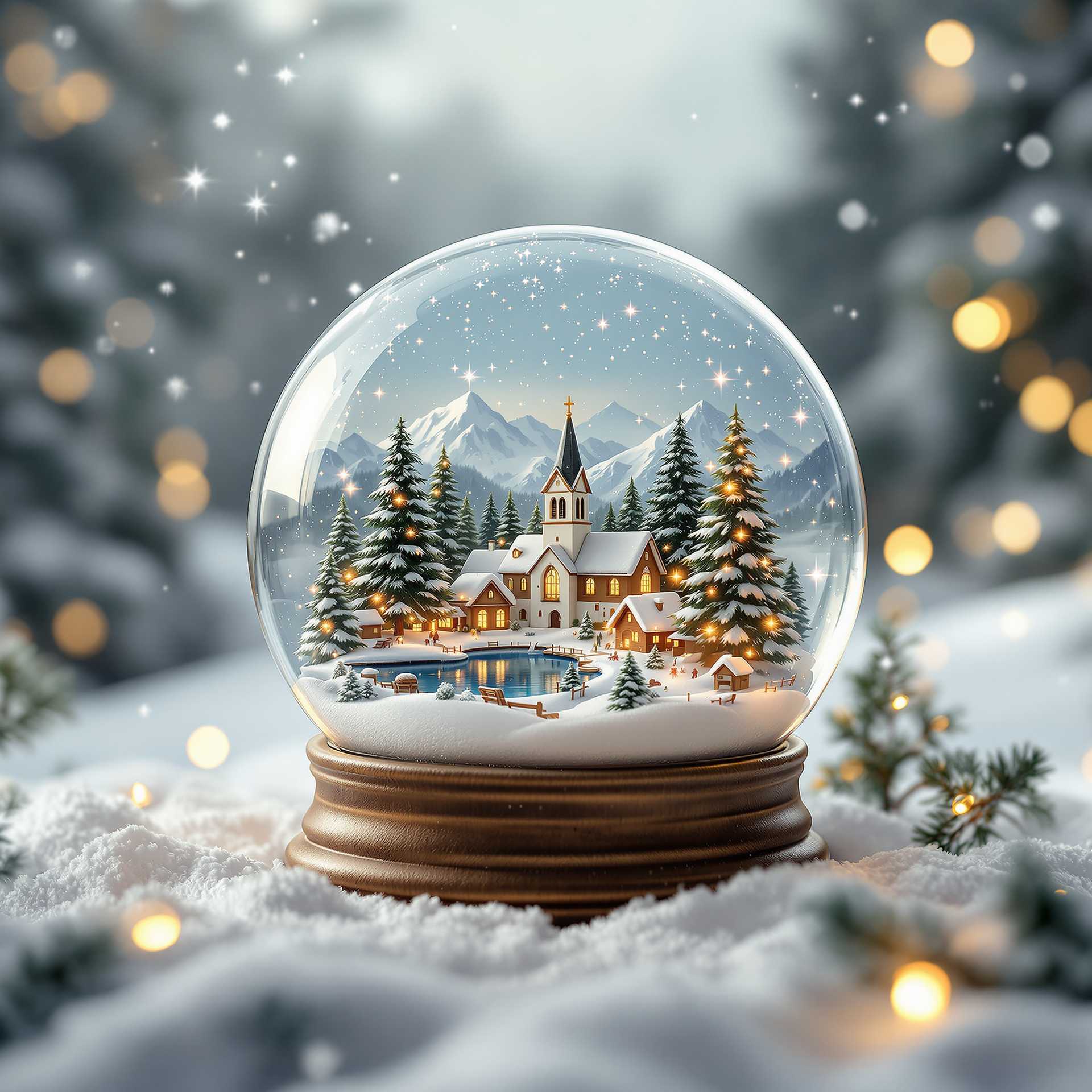  glass snow globe transparent , inside the snow globe it's snowing, there is also a winter village with church, fir-tres covered with snow, lake, mountains in the fog, snowball stands on a snow, there are fir-trees brunches with a golden lights on them, bright background, macro, photo realistic