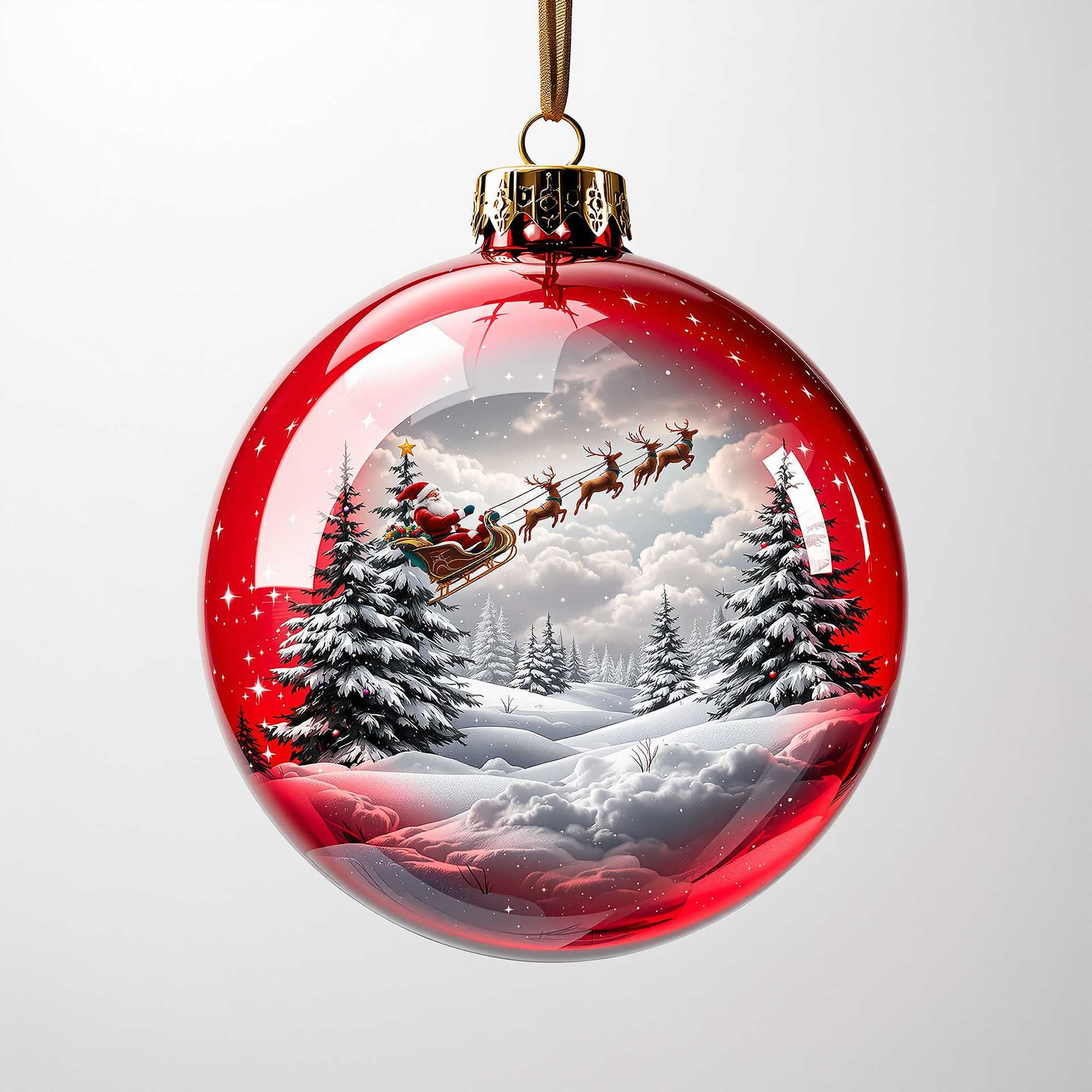 Double exposure of a red transparent Christmas ball hanging on a golden ribbon, in the ball a snowy landscape can be seen, Santa Claus flies through the clouds with his sleigh pulled by reindeer, the background is monochrome white