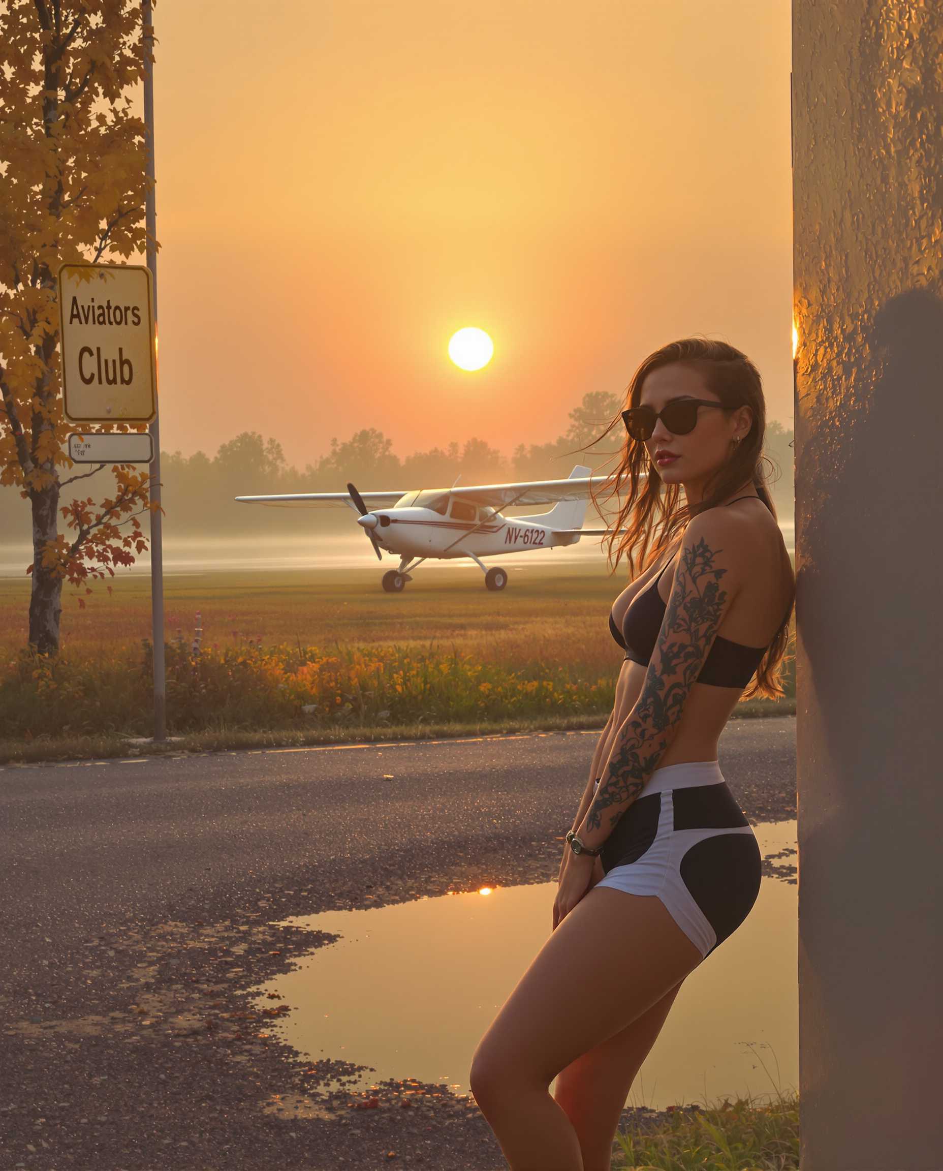 a sign with the words "Aviators Club” Superfine fade color painterly. Detailed attractive woman in sport shorts, tattoos, windy hair, sunglasses. Standing leaning against wall, looking at viewer. In background at flower birch evening autumn meadow, a Cessna 172 aircraft parked. Low visible large sun in fog. From far side view with reflecting puddle. Wide angle. xHDRi.