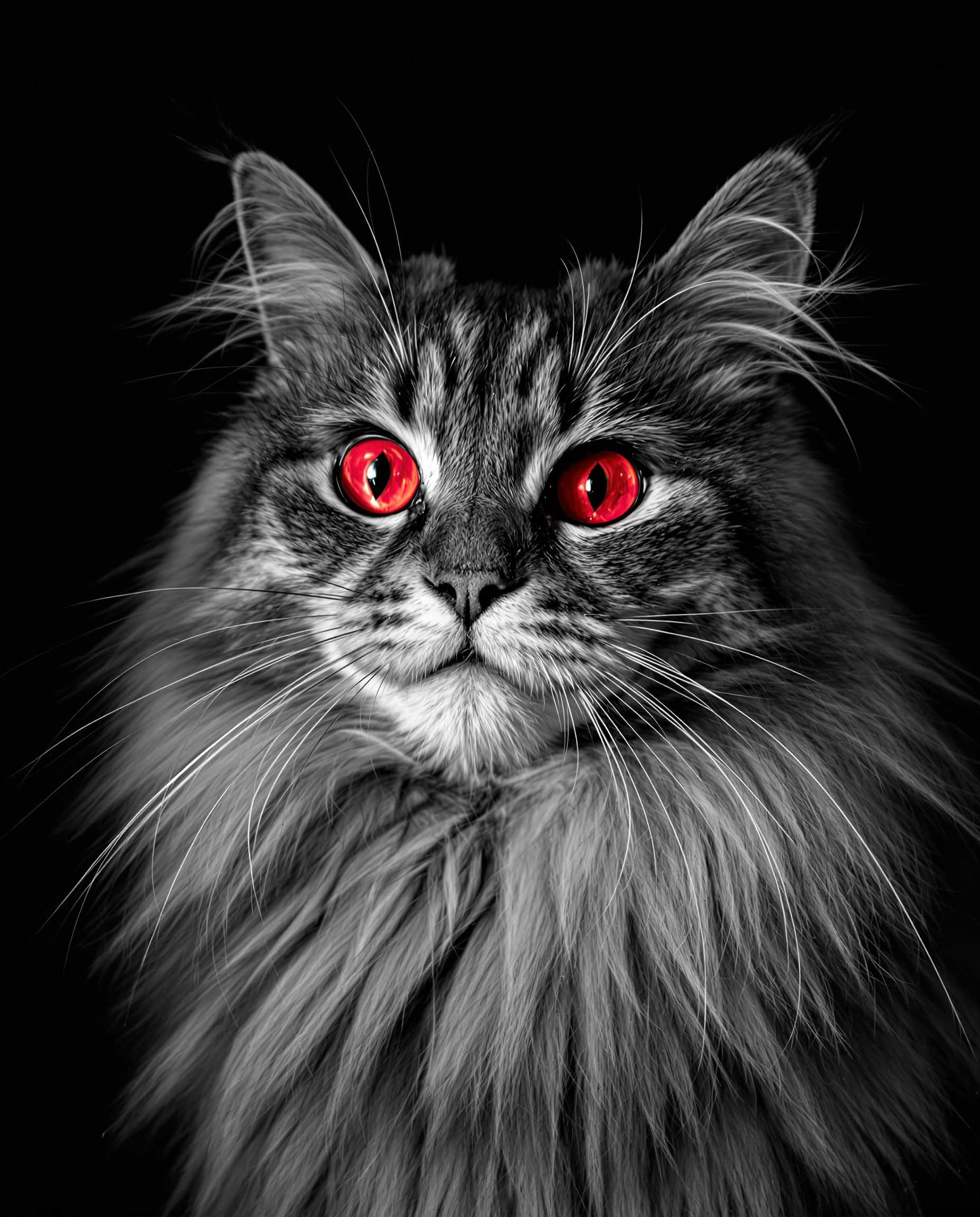 Monochrome maincoon with red eyes long whiskers and black background