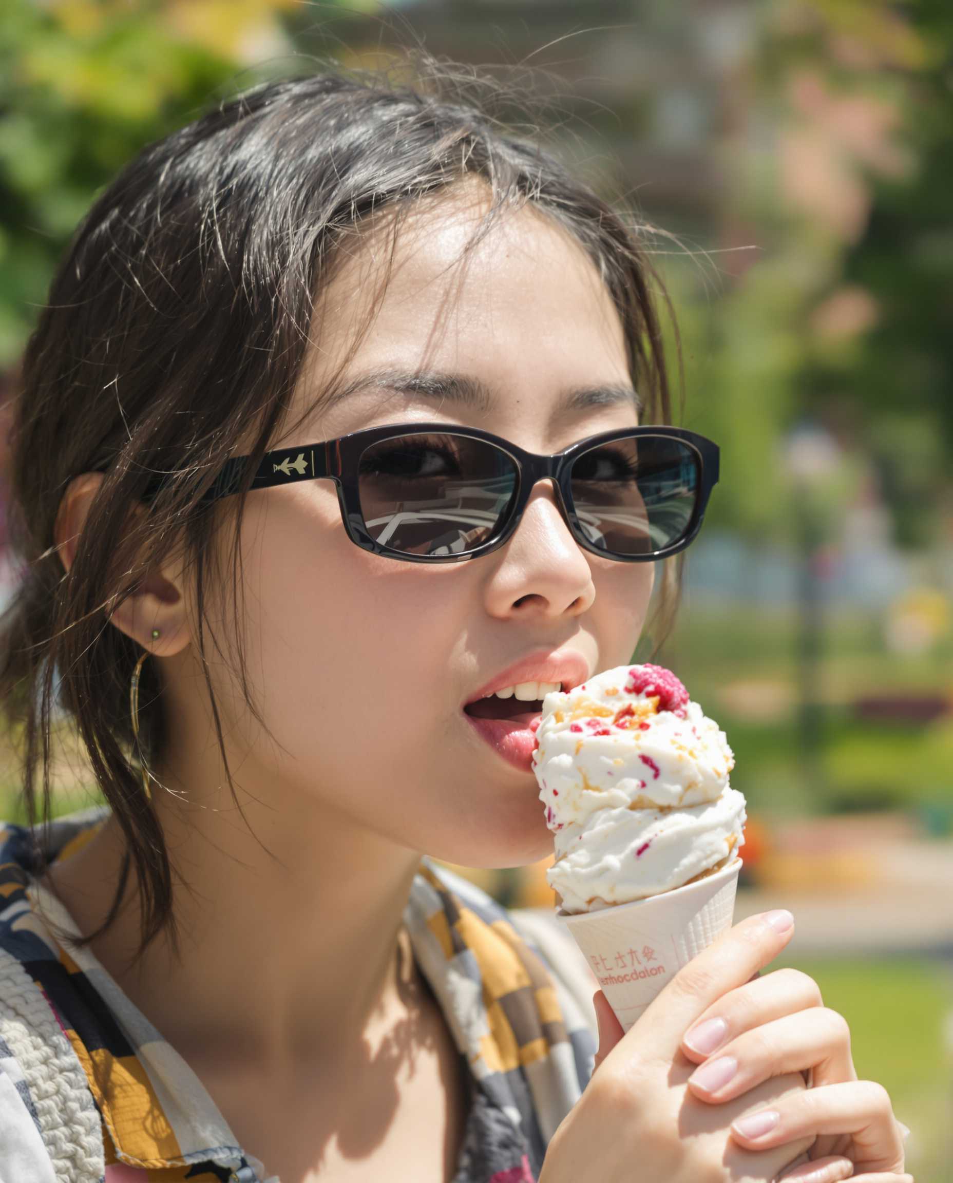 hyper realistic portrait photo shot of asian teenage girl waring sunglasses and licking ice cream, blurred background, sun daylight, city park, face partly in shadow, bokeh, DSLR,  