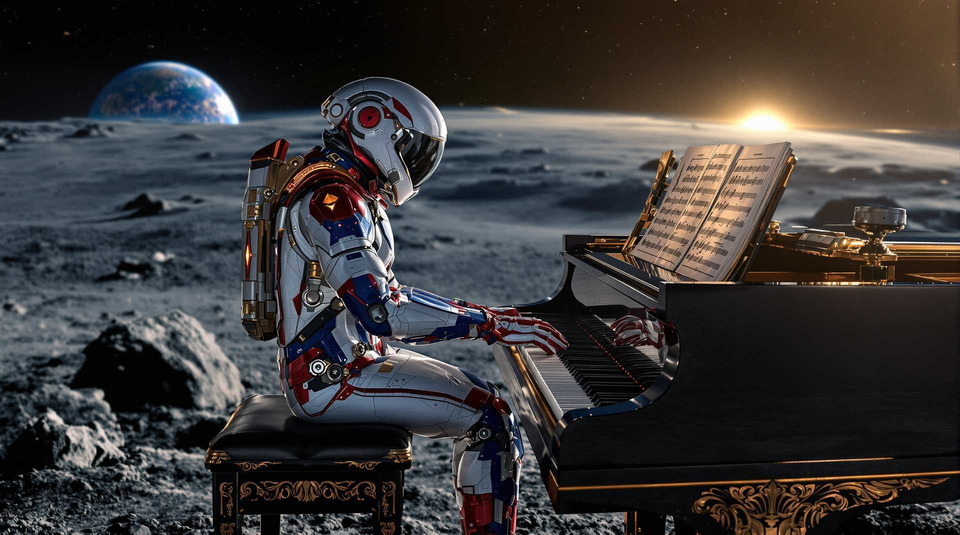 A detailed image of a futuristic humanoid in a sleek, metallic, red white and blue  exosuit (similar to Captain America design), sitting on a polished black piano on the surface of the Moon. The piano appears aged, with golden accents and intricate carvings, and its sheet music glows faintly under the cosmic light. The astronaut’s posture is reflective and melancholic, as if lost in thought while playing. The background showcases a breathtaking view of Earth, partially illuminated, surrounded by a vast, starry expanse of space. The Moon's surface is highly detailed, with visible craters and dust, reflecting faint blue and golden hues from the distant celestial lights. The scene is cinematic, with dramatic lighting emphasizing the contours of the exosuit, the piano, and the lunar terrain, creating a surreal, otherworldly ambiance.