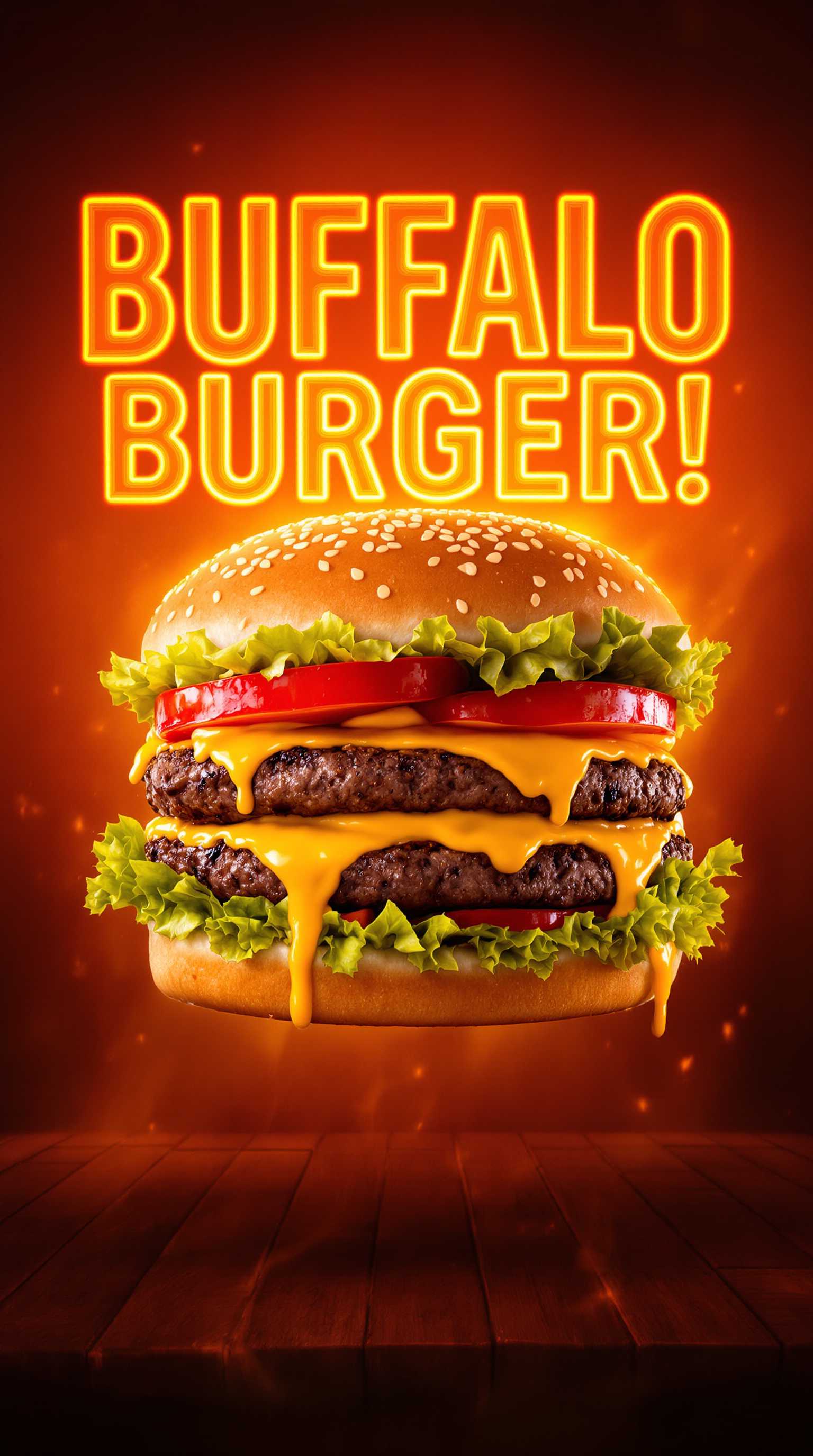 Create a visually striking poster with a delicious burger floating in the center, styled as a high-resolution PNG file with no background. The burger is layered with a fluffy sesame seed bun, vibrant green lettuce, juicy tomatoes, a perfectly grilled beef patty, melted cheddar cheese and a dollop of creamy sauce dripping temptingly. Surround the burger with bold, glowing text in modern typography that says, "Buffalo Burger!" The background should have a gradient of fiery orange and deep red, evoking warmth and appetite, with subtle abstract textures such as grill marks or streaks of smoke to highlight the theme