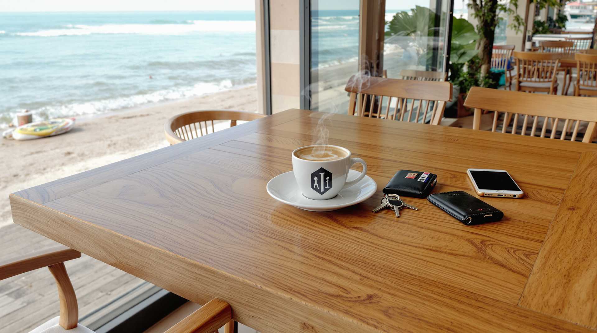 Coffee and Keys on a Beachside Table