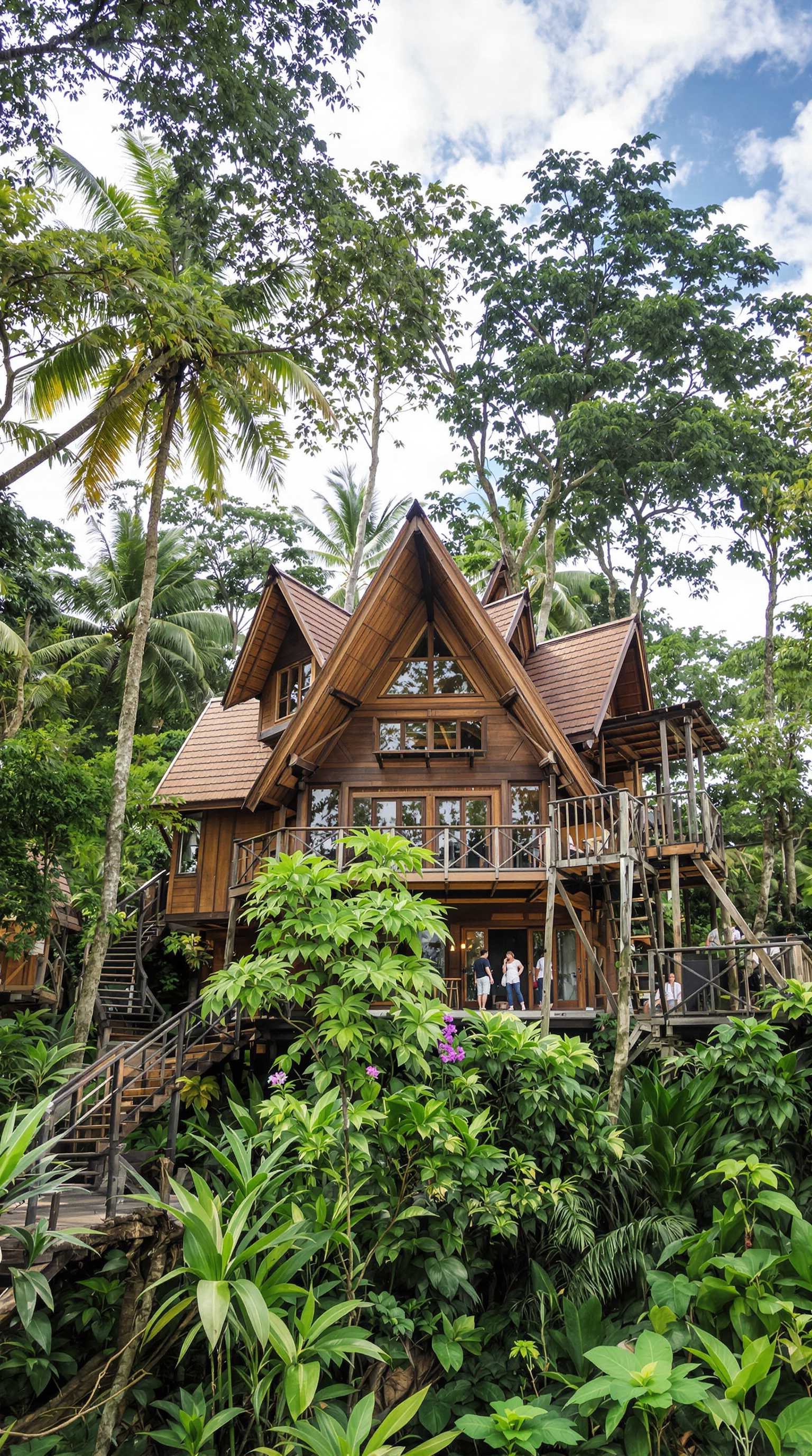 a gorgeous wooden threehouse built on a huge tropical three in a rainforest